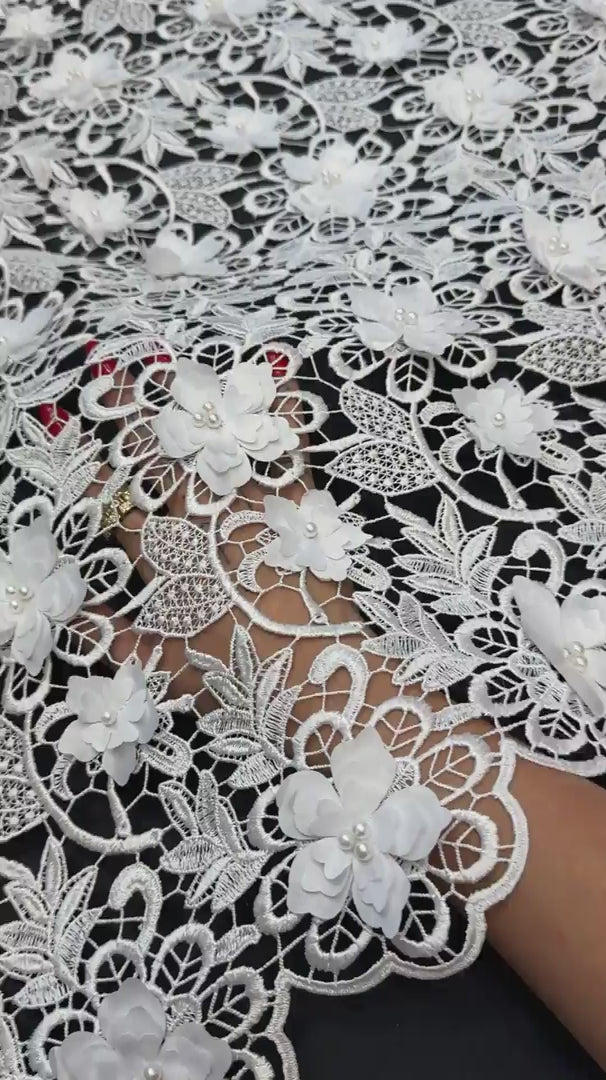 White 3D Blossom Beaded Embroidered Lace, Beaded Embroidered Lace, 3D Blossom Lace, Floral Beaded Lace, Couture Lace Fabric, Bridal Lace Fabric, Wedding Dress Lace