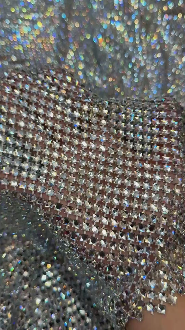 Silver Luxury Rhinestone Mesh, Rhinestone Mesh Fabric, Crystal Mesh Fabric, Beaded Mesh Fabric, Embellished Mesh Fabric, Sequin Mesh Fabric, Sparkle Mesh Fabric
