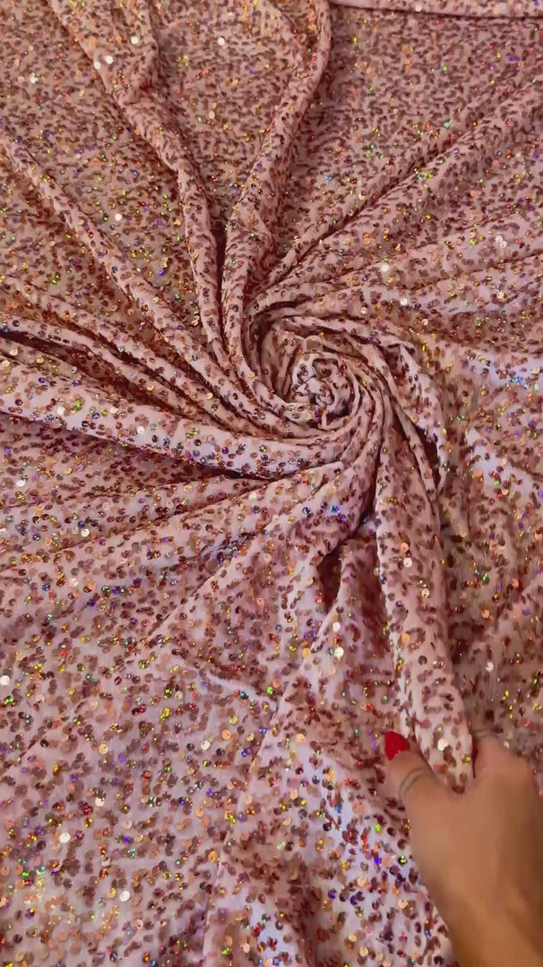 Blush Iridescent Sequins Velvet, Sequin on velvet, Stretch Sequin Mesh, Stretch Sequin velvet for woman, Stretch Sequin velvet for bride, Stretch Sequin velvet on discount, Stretch Sequin velvet online