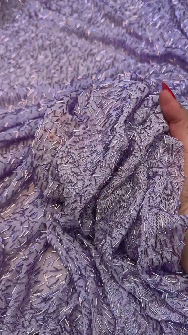 Lavender Bugle Beaded Stretch Mesh, Beaded Stretch Mesh, Stretch Mesh Fabric, Bugle Bead Fabric, Beaded Mesh Fabric, Embellished Mesh Fabric, Stretch Beaded Fabric, Mesh Fabric Stretch
