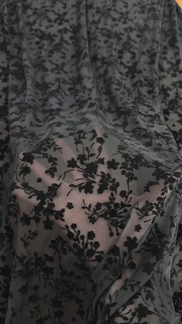Black Velvet Flowers On Black Mesh, Floral Mesh Fabric, Velvet Flower Fabric, Black Mesh Fabric, Embroidered Mesh Fabric, Sheer Floral Fabric, Velvet Embroidery Fabric