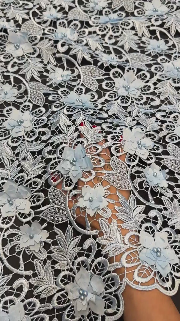 Ice Blue 3D Blossom Beaded Embroidered Lace, Beaded Embroidered Lace, 3D Blossom Lace, Floral Beaded Lace, Couture Lace Fabric, Bridal Lace Fabric, Wedding Dress Lace