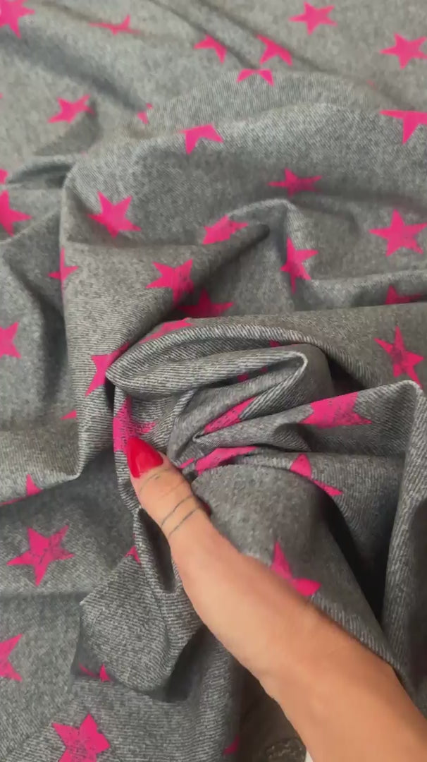 Pink Stars on Gray Nylon Spandex, Nylon Spandex, Shiny Spandex, Stretch Fabric, 4 way stretch fabric, Fabric on Sale, Activewear Fabric, Polyester Fabric