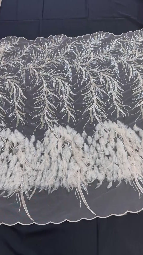 Pale Blush Feather Sequin Embroidered Scalloped Lace, Embroidered Lace Fabric, Sequin Embroidered Lace, Embellished Lace Fabric, Luxury Lace Fabric, Fancy Lace Fabric