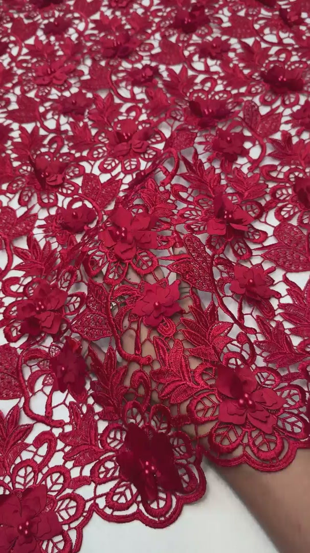 Red 3D Blossom Beaded Embroidered Lace, Beaded Embroidered Lace, 3D Blossom Lace, Floral Beaded Lace, Couture Lace Fabric, Bridal Lace Fabric, Wedding Dress Lace