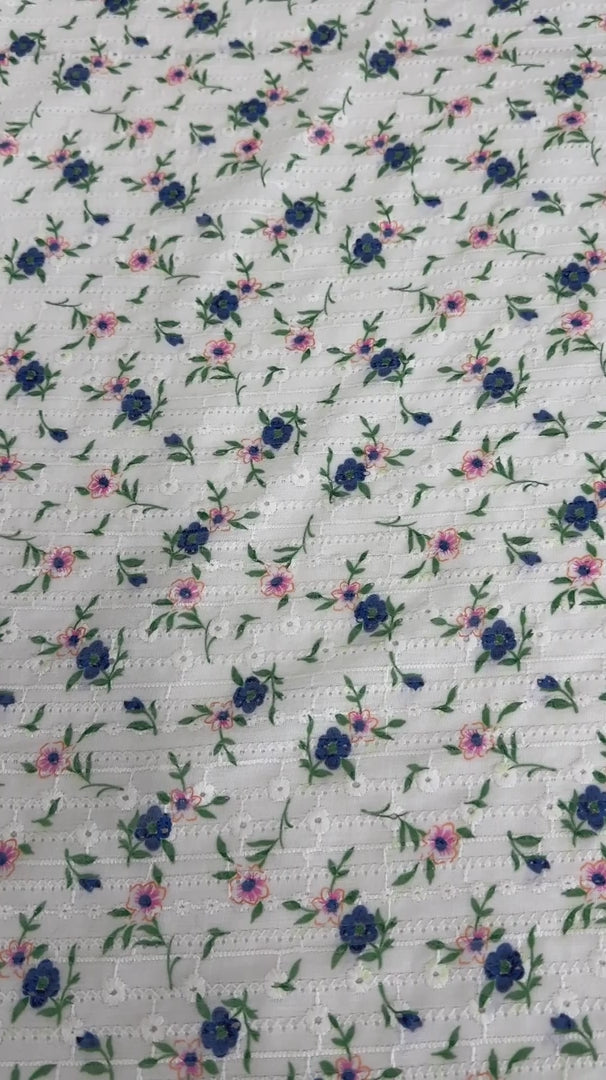 White-Green Flower Embroidered Cotton Eyelet, Organic cotton, Breathable fabric, Lightweight fabric, Fair trade cotton, Cotton yarn, eyelet fabric, Cotton fashion