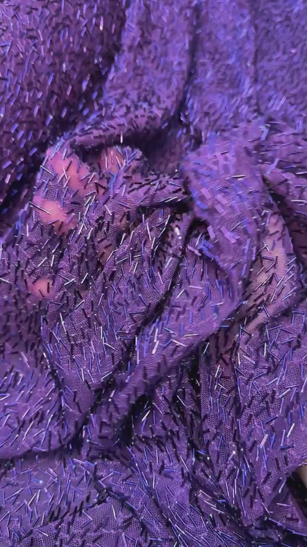 Purple Bugle Beaded Stretch Mesh, Beaded Stretch Mesh, Stretch Mesh Fabric, Bugle Bead Fabric, Beaded Mesh Fabric, Embellished Mesh Fabric, Stretch Beaded Fabric, Mesh Fabric Stretch