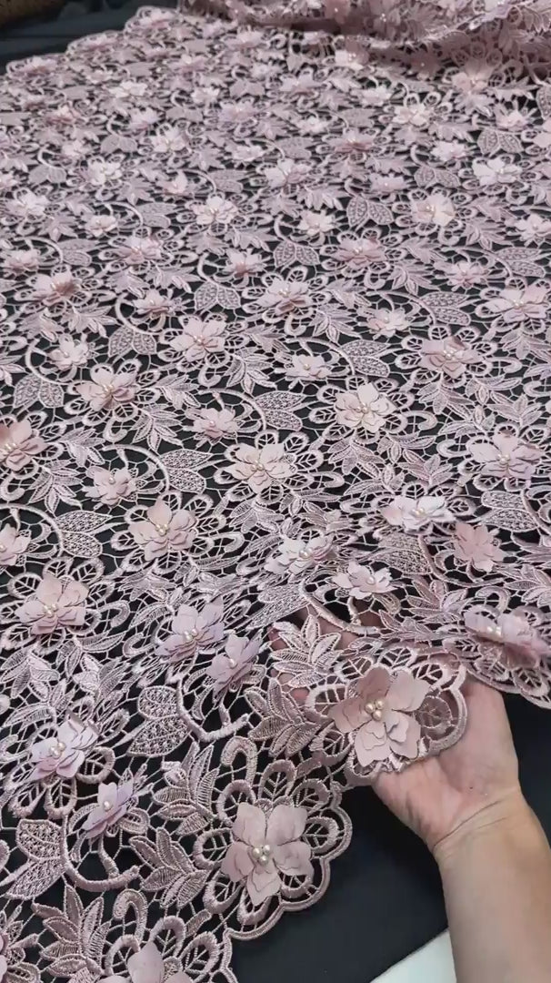 Dusty Rose 3D Blossom Beaded Embroidered Lace, Beaded Embroidered Lace, 3D Blossom Lace, Floral Beaded Lace, Couture Lace Fabric, Bridal Lace Fabric, Wedding Dress Lace