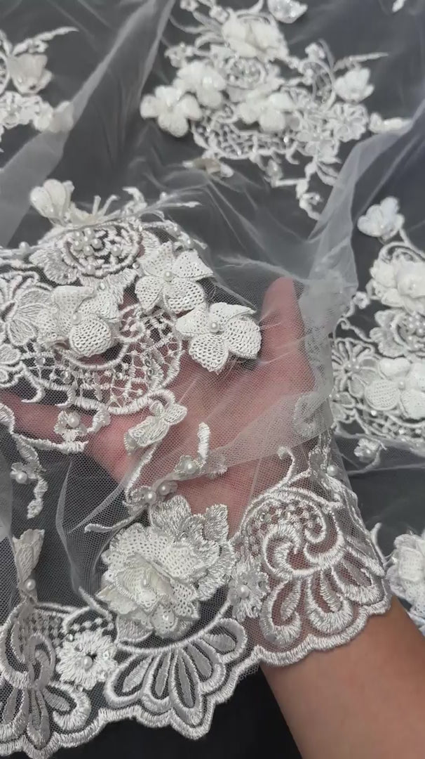 Off White Couture 3D Sequin Flower Pearl Embroidered Lace, Couture Lace Fabric, Floral Sequin Lace, Pearl Embroidered Lace, 3D Flower Lace, Embellished Lace Fabric, Luxury Lace Fabric