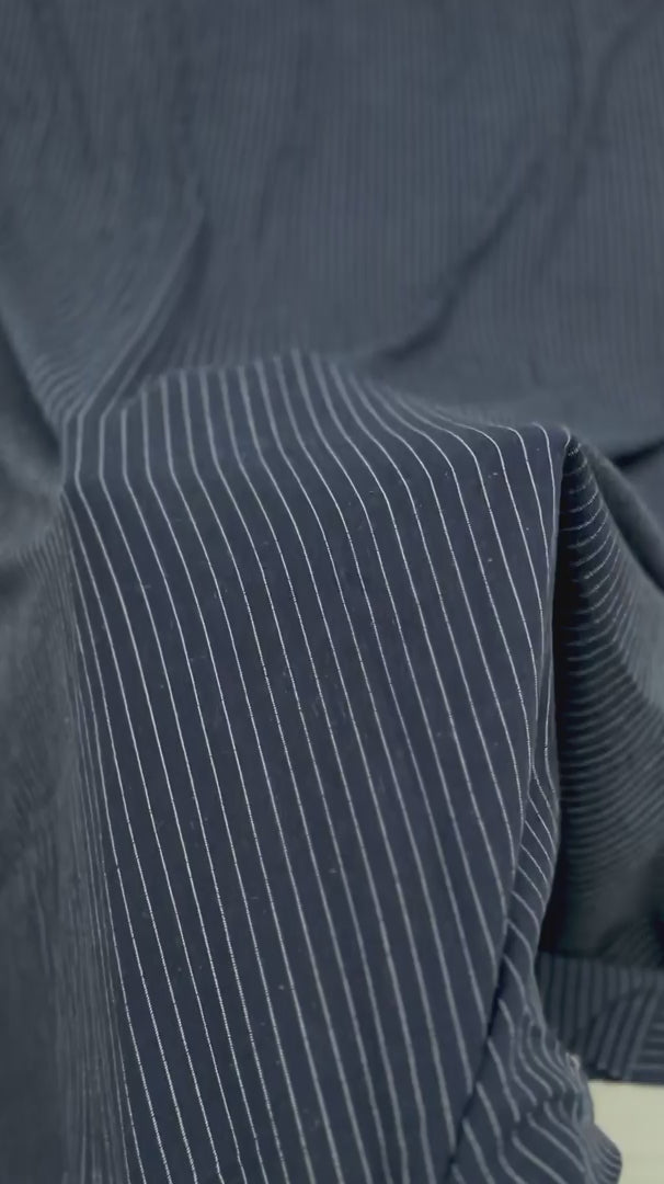 Navy Resort Pinstripe Linen Blend, Pinstripe Fabric, Resort Wear Fabric, Linen Rayon Blend, Striped Linen Fabric, Tailored Fabric, Lightweight Suiting Fabric, Breathable Linen Fabric