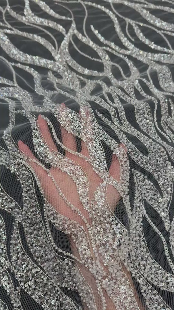 Silver Flame Sequin Beaded Lace, Beaded Lace Fabric, Sequin Lace Fabric, Flame Sequin Fabric, Embroidered Lace Fabric, Embellished Mesh Fabric, Beaded Mesh Fabric