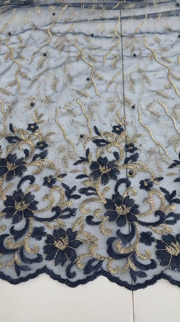 Gold-Navy Embroidered Glitter Floral Scalloped Lace, Gold-Silver Lace, Embroidered Lace, Nude Lace Mesh, Lace for Woman, Lace for Bride, Lace on Sale, Lace on Discount