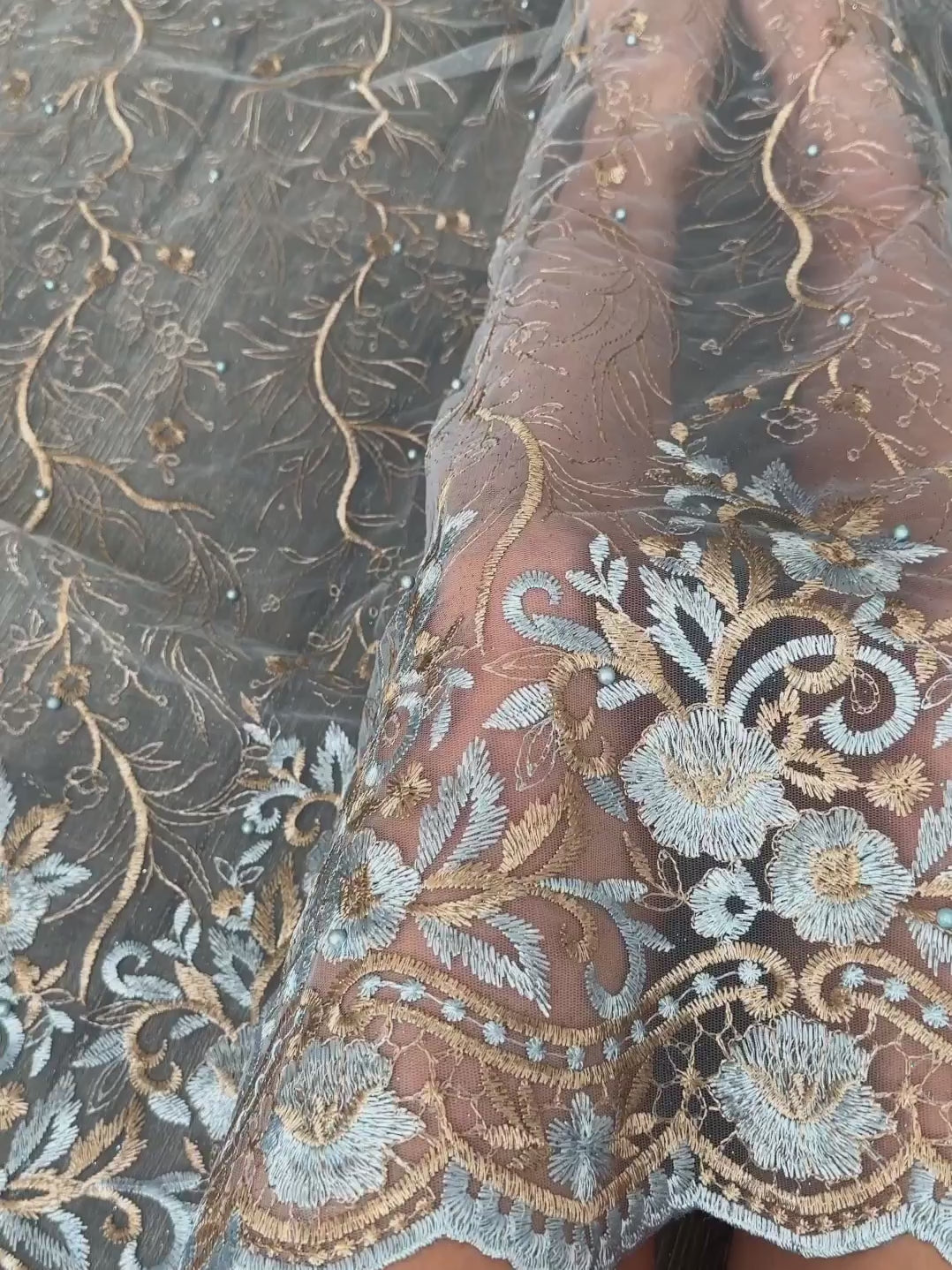 Baby Blue/Gold Lace Fabric by yard, Blue Embroidered Lace for gown, Bridal Lace Fabric, Blue/Gold Scalloped lace, Floral Lace double edged, lace fabric on discount, lace fabric on sale, premium lace fabric, buy lace fabric online, glitter lace fabric