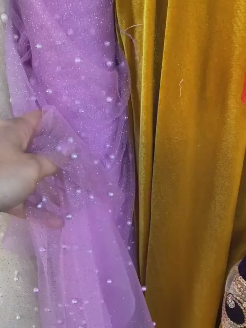 Lavender Tulle Bead Pearl Lace, purple Bridal Tulle Fabric, Wedding Veil Tulle Bead Pearl Lace, Bridal Dress Fabric by yard, dark purple Tulle Bead Pearl Lace, Pearl Lace for woman, Pearl Lace for party wear, lace fabric in low price, Pearl Lace on discount, Pearl Lace on sale, premium Pearl Lace fabric