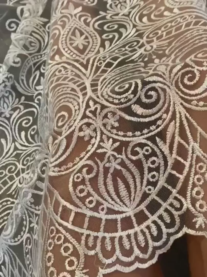 White Embroidered Lace, off white Embroidered Lace for gown, Bridal Lace Fabric, Scalloped lace, Floral Lace double edged, lace fabric on discount, lace fabric on sale, premium lace fabric, buy lace fabric online, glitter lace fabric