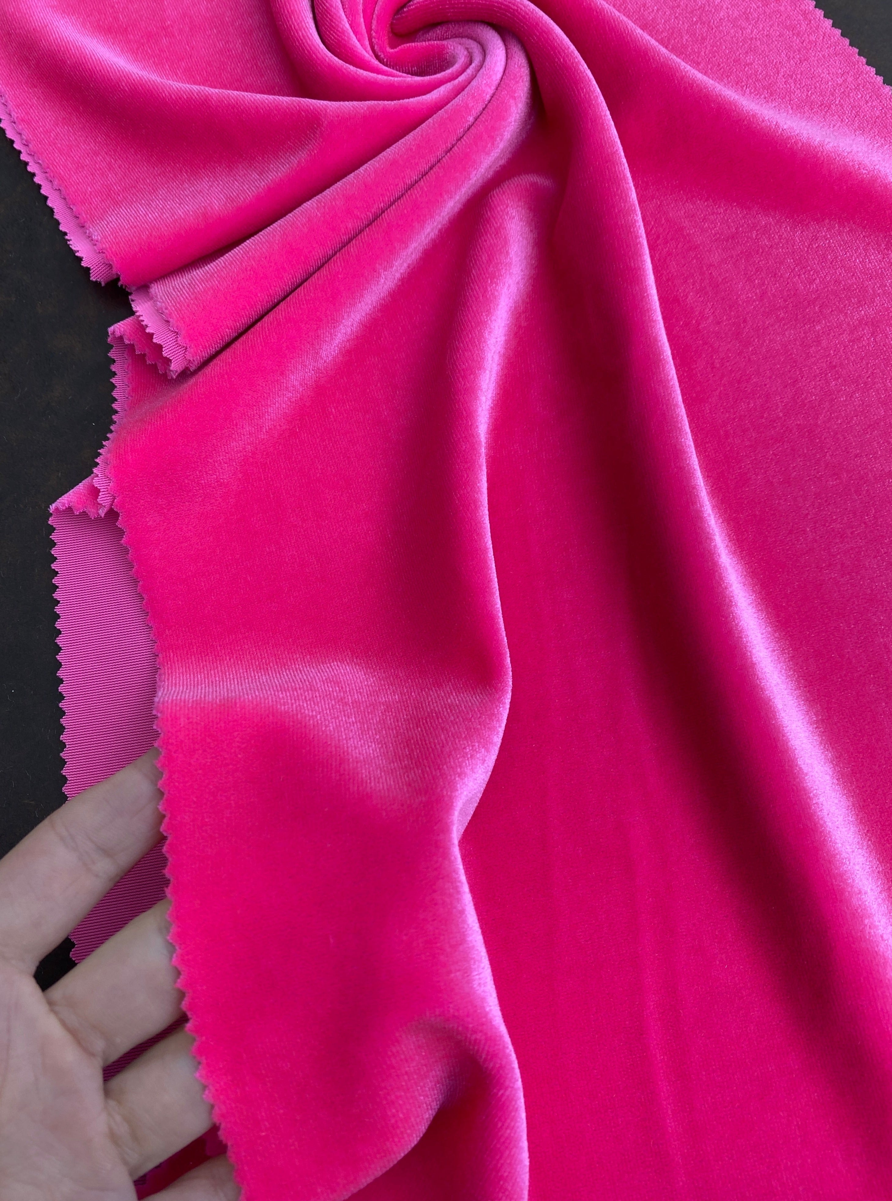 neon pink velvet fabric, 4 way stretch velvet fabric, solid velvet fabric, velvet fabric for clothing, fabric store, velvet cheap, stretch velvet on sale, fuchsia velvet, hot pink velvet fabric