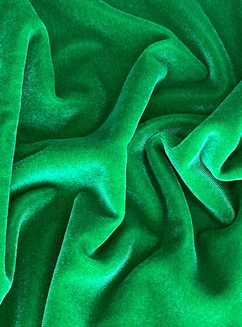 kelly green stretch velvet, kelly green stretch velvet for gown, stretch velvet for wedding, stretch pure velvet,  green stretch velvet for brides, stretch fancy velvet, velvet for dress, stretch expensive velvet 