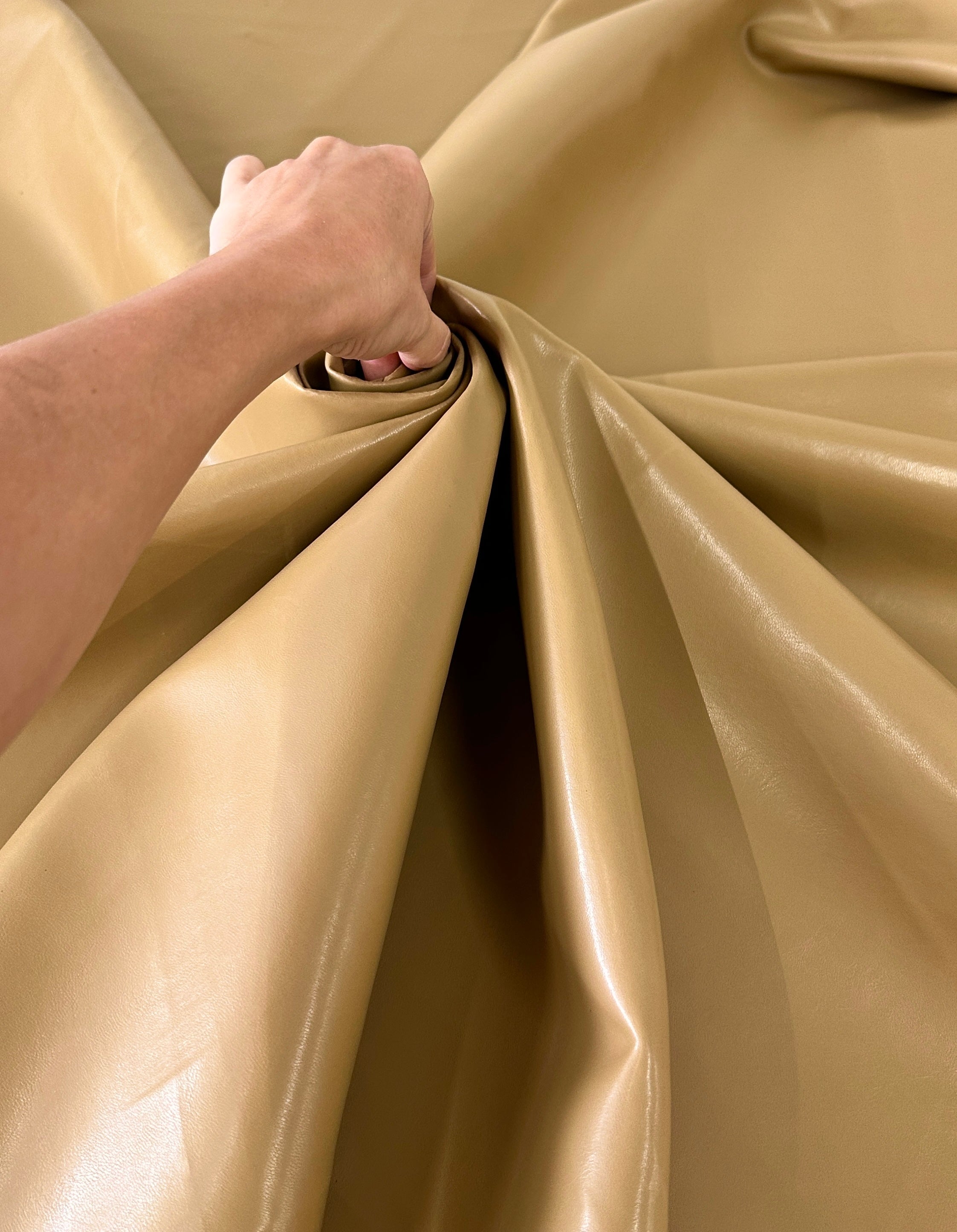 caramel Stretch Faux Leather, light brown stretch faux leather, cream color stretch faux leather, faux leather for woman, faux leather for costumes, faux leather for home decor, 2 way stretch faux leather, leather for blazers, cheap leather, discounted leather, leather on sale
