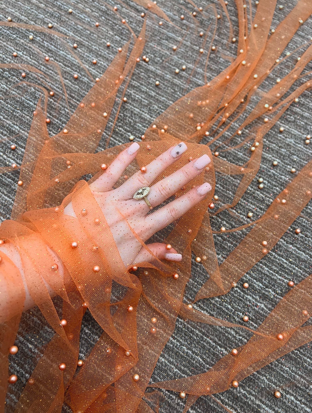 orange Tulle Bead Pearl Lace Fabric, light orange Pearl Beaded Tulle for Veil, dark orange Beaded Pearl Tulle Lace Fabric by the yard, orange pearl scattered tulle, Pearl Tulle Fabric for woman, Pearl Tulle Fabric for party wear, Pearl Tulle Fabric on discount,Pearl Tulle Fabric on sale