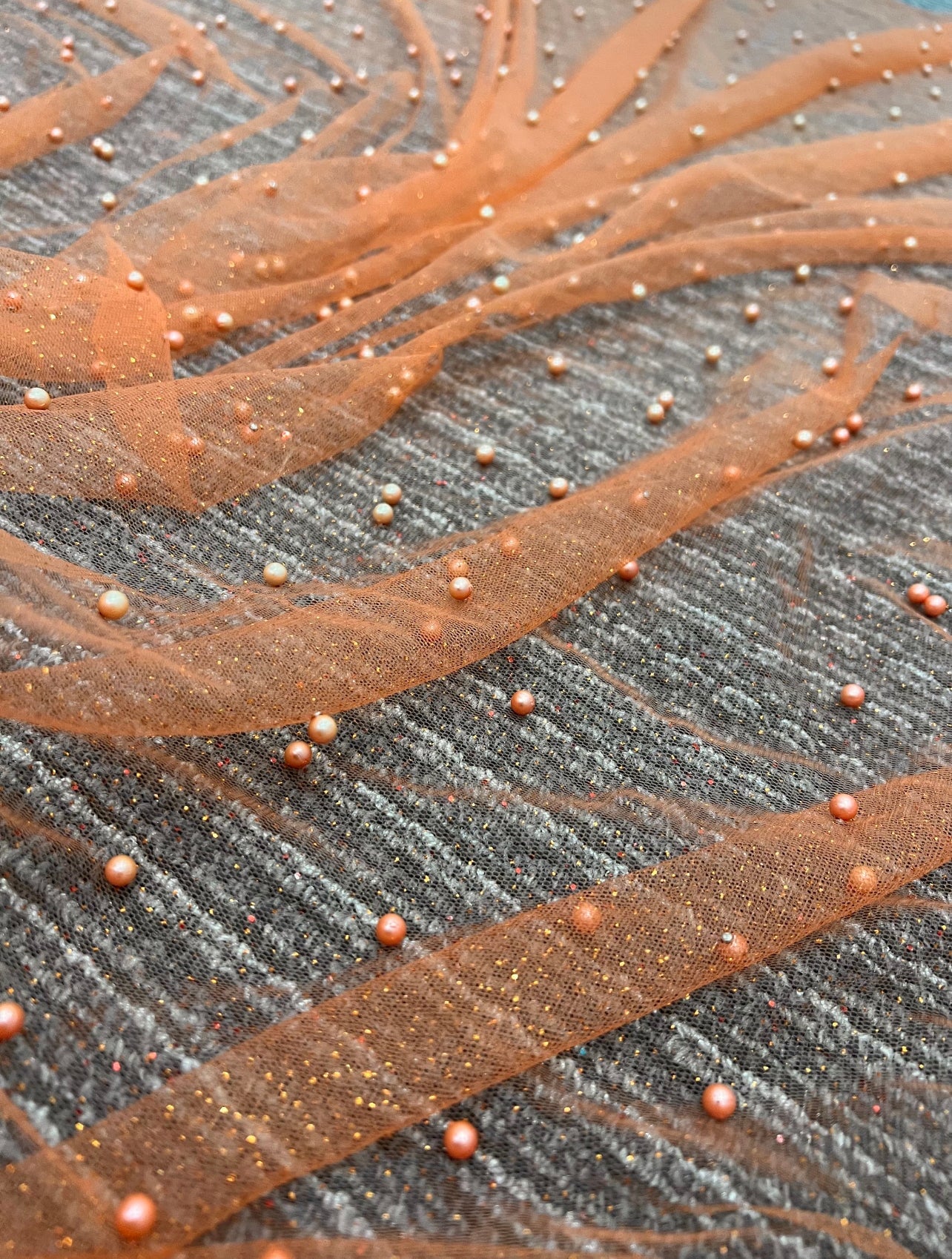 orange Tulle Bead Pearl Lace Fabric, light orange Pearl Beaded Tulle for Veil, dark orange Beaded Pearl Tulle Lace Fabric by the yard, orange pearl scattered tulle, Pearl Tulle Fabric for woman, Pearl Tulle Fabric for party wear, Pearl Tulle Fabric on discount,Pearl Tulle Fabric on sale