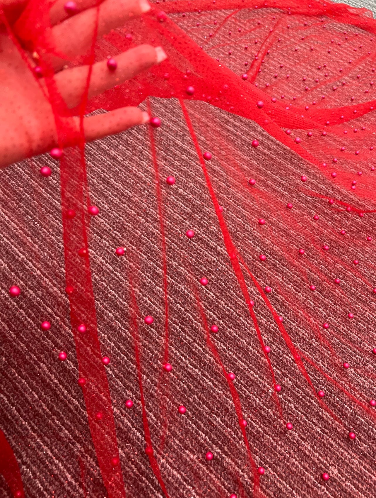 red Tulle Bead Pearl Lace Fabric, light red Pearl Beaded Tulle for Veil, dark red Beaded Pearl Tulle Lace Fabric by the yard, red pearl scattered tulle, Pearl Tulle Fabric for woman, Pearl Tulle Fabric for party wear, Pearl Tulle Fabric on discount,Pearl Tulle Fabric on sale