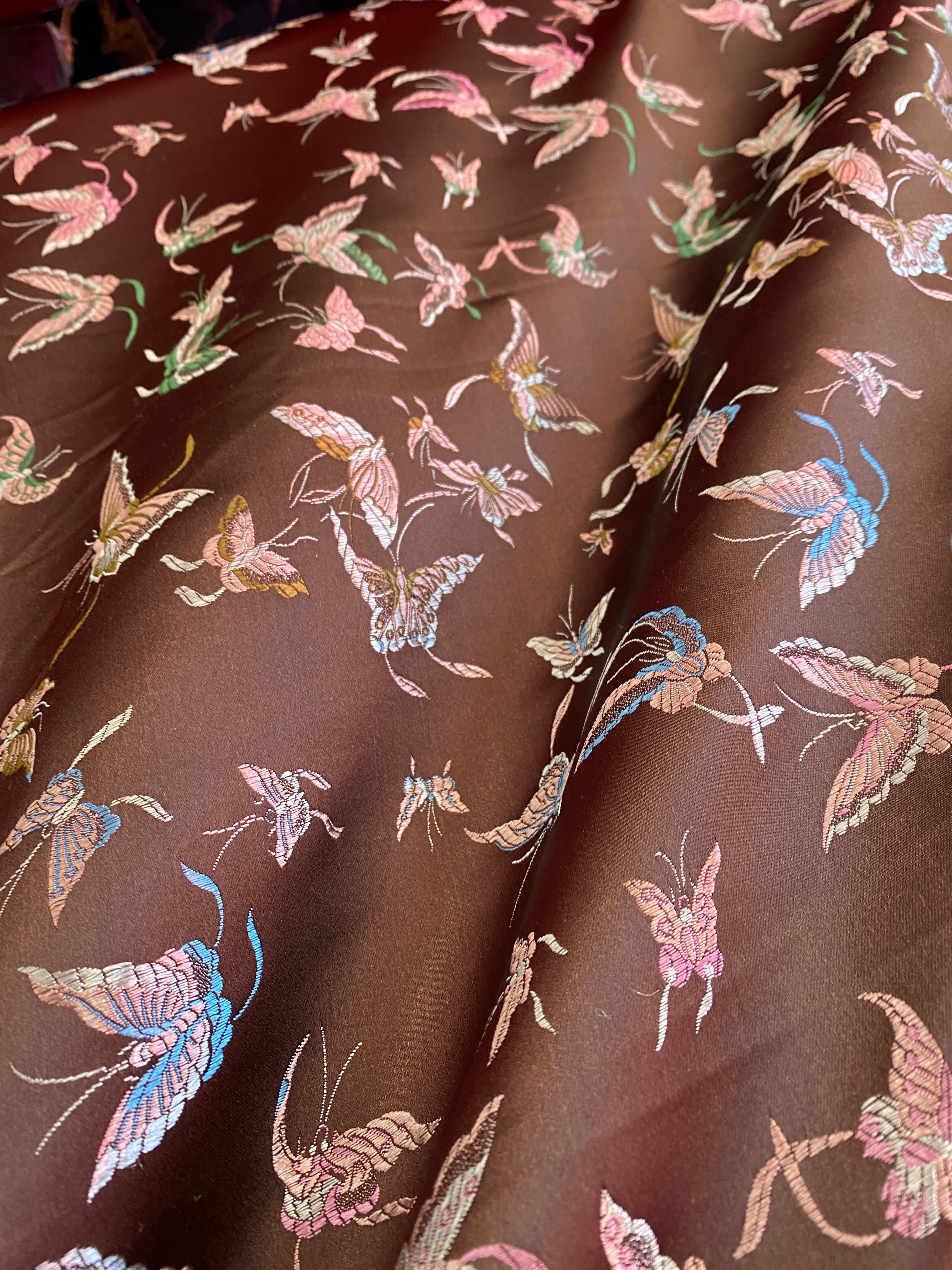 Brown Embroidered Butterfly Brocade, Brown butterfly print brocade Fabric, Brown Jacquard, Brown Satin Brocade with Butterflies, Brown Embroidered Butterfly Brocade fro women, Brown Embroidered Butterfly Brocade for dress, Embroidered Butterfly Brocade for homedecor, Brown Embroidered Butterfly Brocade on discount, brocade on sale 