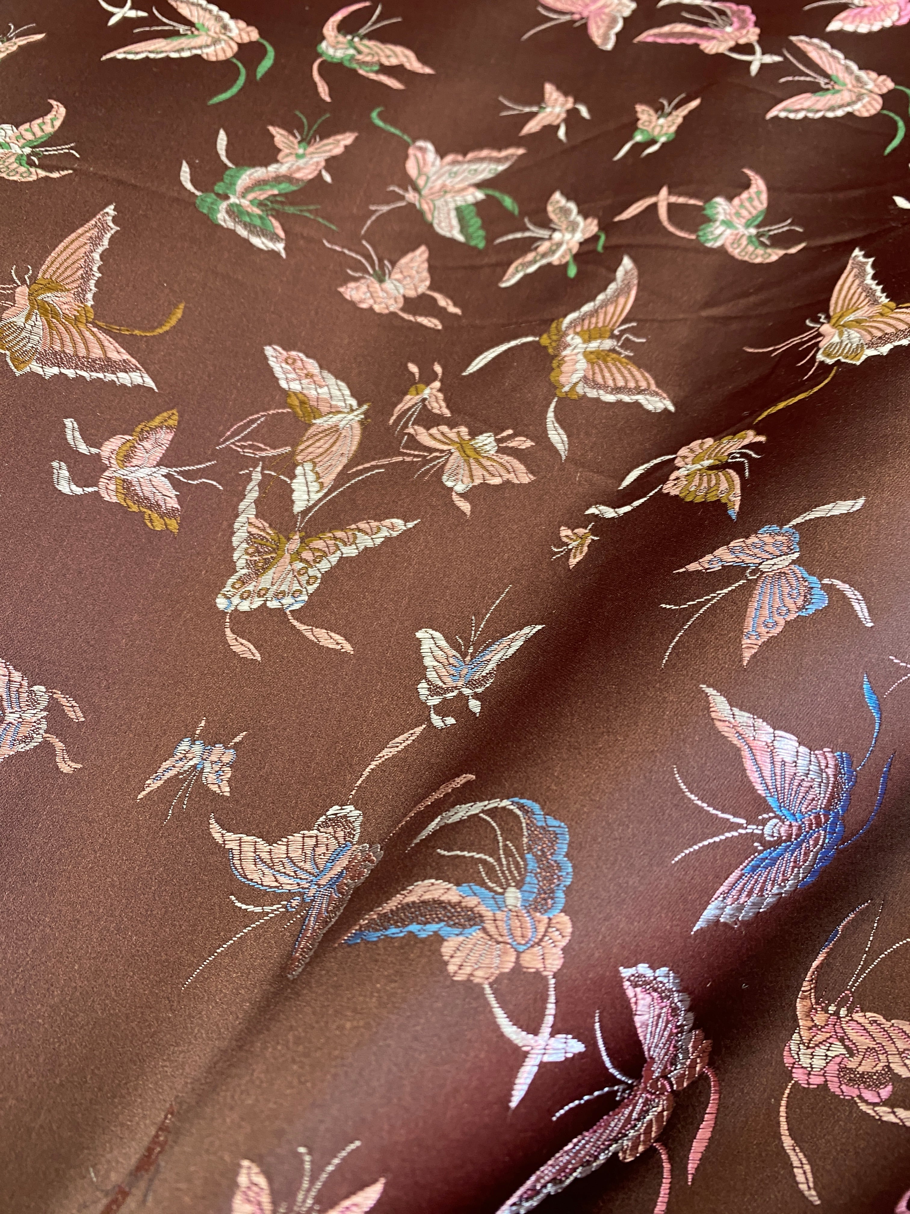 Brown Embroidered Butterfly Brocade, Brown butterfly print brocade Fabric, Brown Jacquard, Brown Satin Brocade with Butterflies, Brown Embroidered Butterfly Brocade fro women, Brown Embroidered Butterfly Brocade for dress, Embroidered Butterfly Brocade for homedecor, Brown Embroidered Butterfly Brocade on discount, brocade on sale 