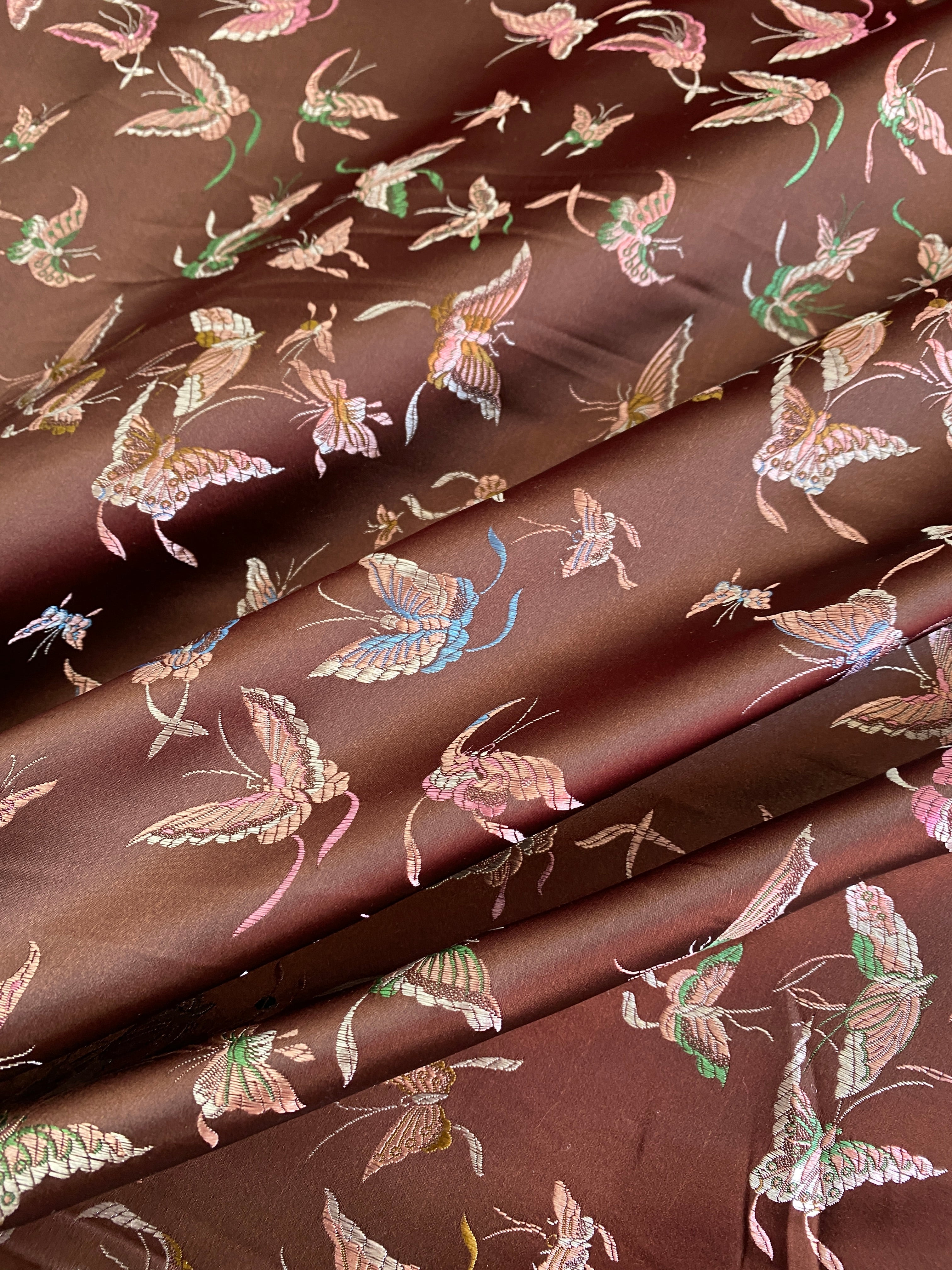 Brown Embroidered Butterfly Brocade, Brown butterfly print brocade Fabric, Brown Jacquard, Brown Satin Brocade with Butterflies, Brown Embroidered Butterfly Brocade fro women, Brown Embroidered Butterfly Brocade for dress, Embroidered Butterfly Brocade for homedecor, Brown Embroidered Butterfly Brocade on discount, brocade on sale 