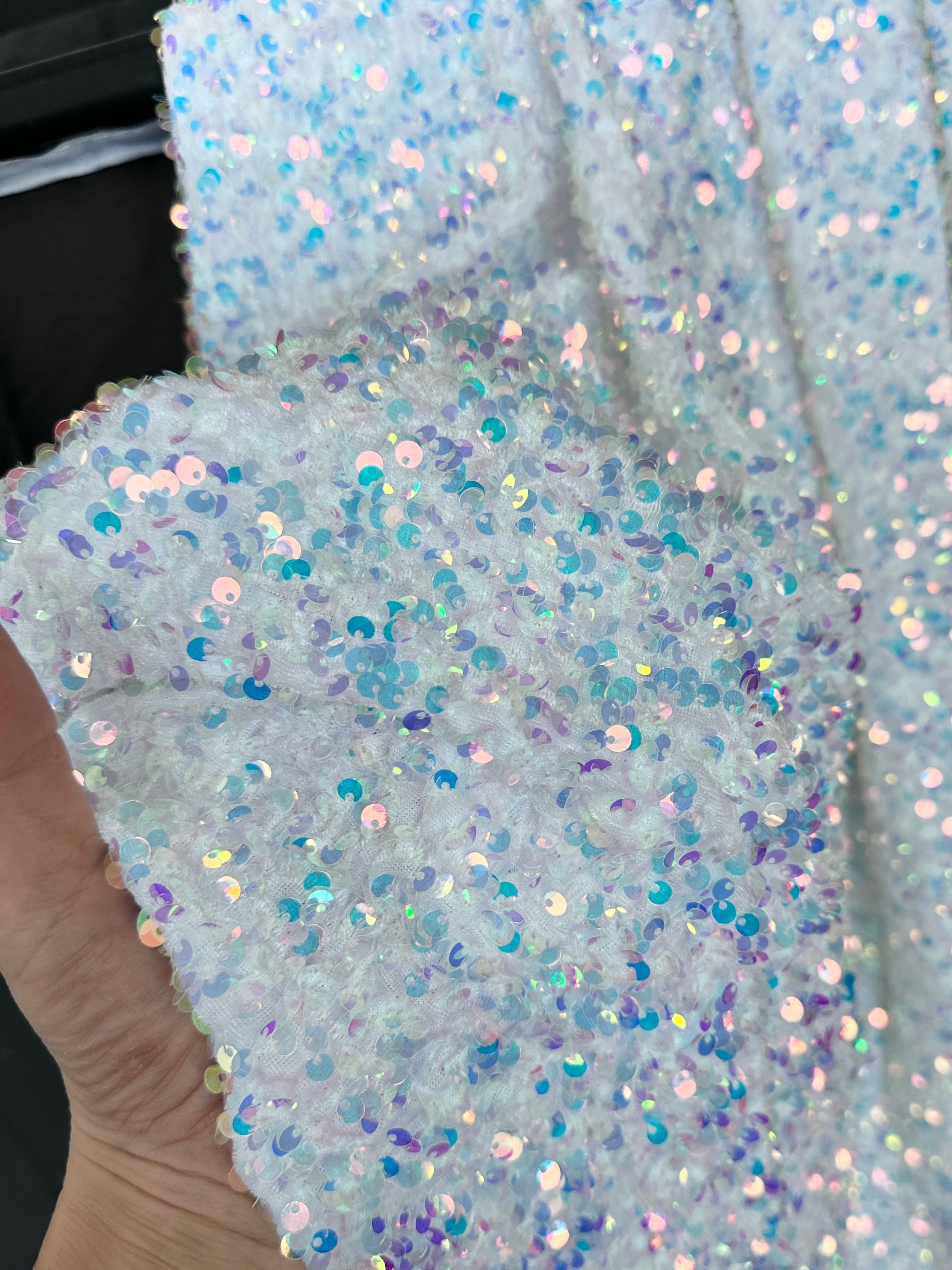  white Iridescent Sequin on Velvet, off white Iridescent Sequin on Velvet, bright white Iridescent Sequin on Velvet, milky white Iridescent Sequin on Velvet, white Iridescent Sequin on Velvet for woman, velvet cloth, whtie Iridescent Sequin on Velvet for bride, sequin stretch velvet, velvet for gown, stretch velvet, velvet fabric with sequin, solid velvet, sequin fabric for gown, 4 way stretch velvet