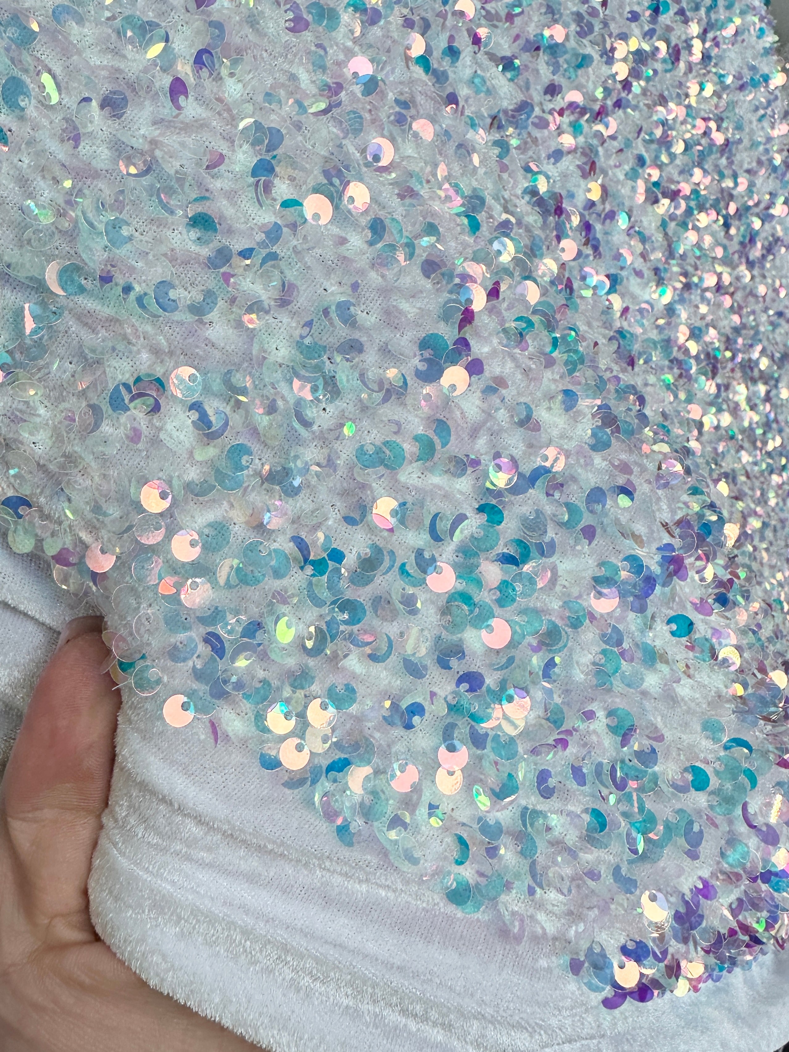  white Iridescent Sequin on Velvet, off white Iridescent Sequin on Velvet, bright white Iridescent Sequin on Velvet, milky white Iridescent Sequin on Velvet, white Iridescent Sequin on Velvet for woman, velvet cloth, whtie Iridescent Sequin on Velvet for bride, sequin stretch velvet, velvet for gown, stretch velvet, velvet fabric with sequin, solid velvet, sequin fabric for gown, 4 way stretch velvet