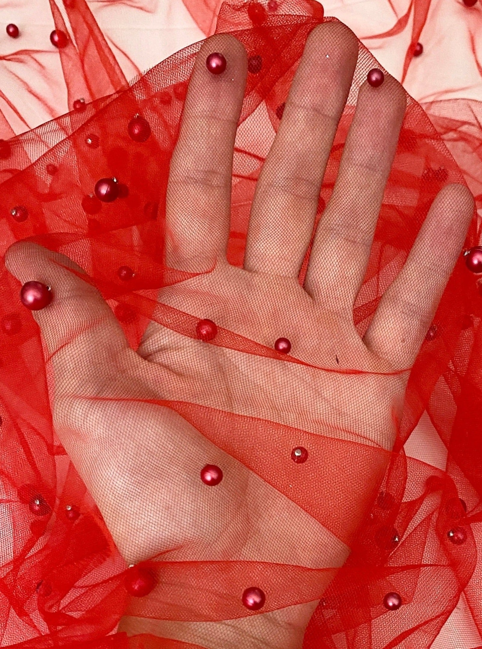 red glitter Pearl Tulle, dark red pearl Tulle, light red pearl tulle, chilli red Pearl Tulle for party wear, red Pearl Tulle for dress, Pearl Tulle for woman, Pearl Tulle for bride, Pearl Tulle on discount, Pearl Tulle on sale, premium Pearl Tulle, buy Pearl Tulle online