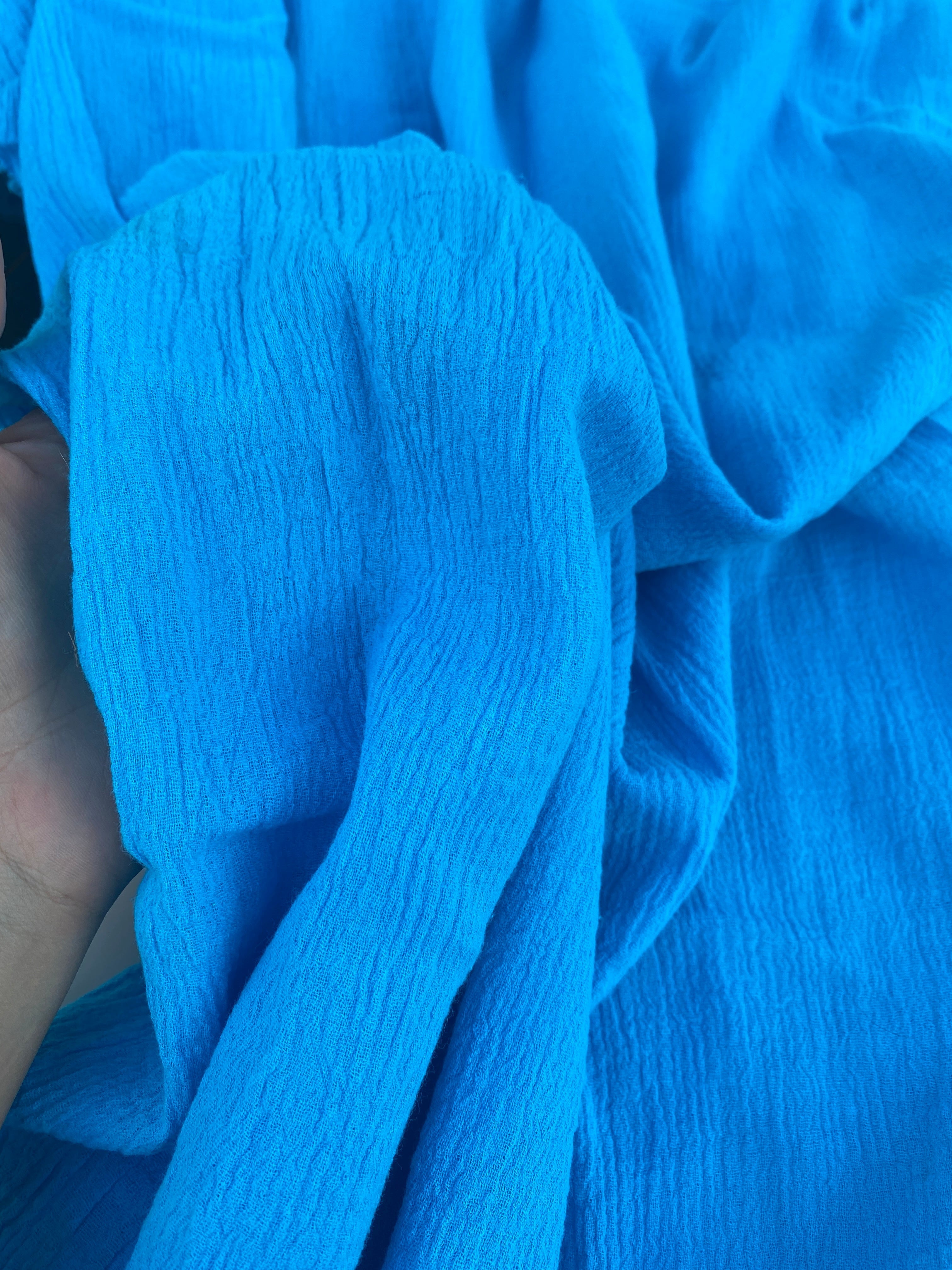 Turquoise Crinkle Cotton Gauze, cotton gauze fabric, baby blue gauze fabric, dark blue gauze, cotton for woman, double gauze cheap, coton gauze for bride, cotton gauze in low price
