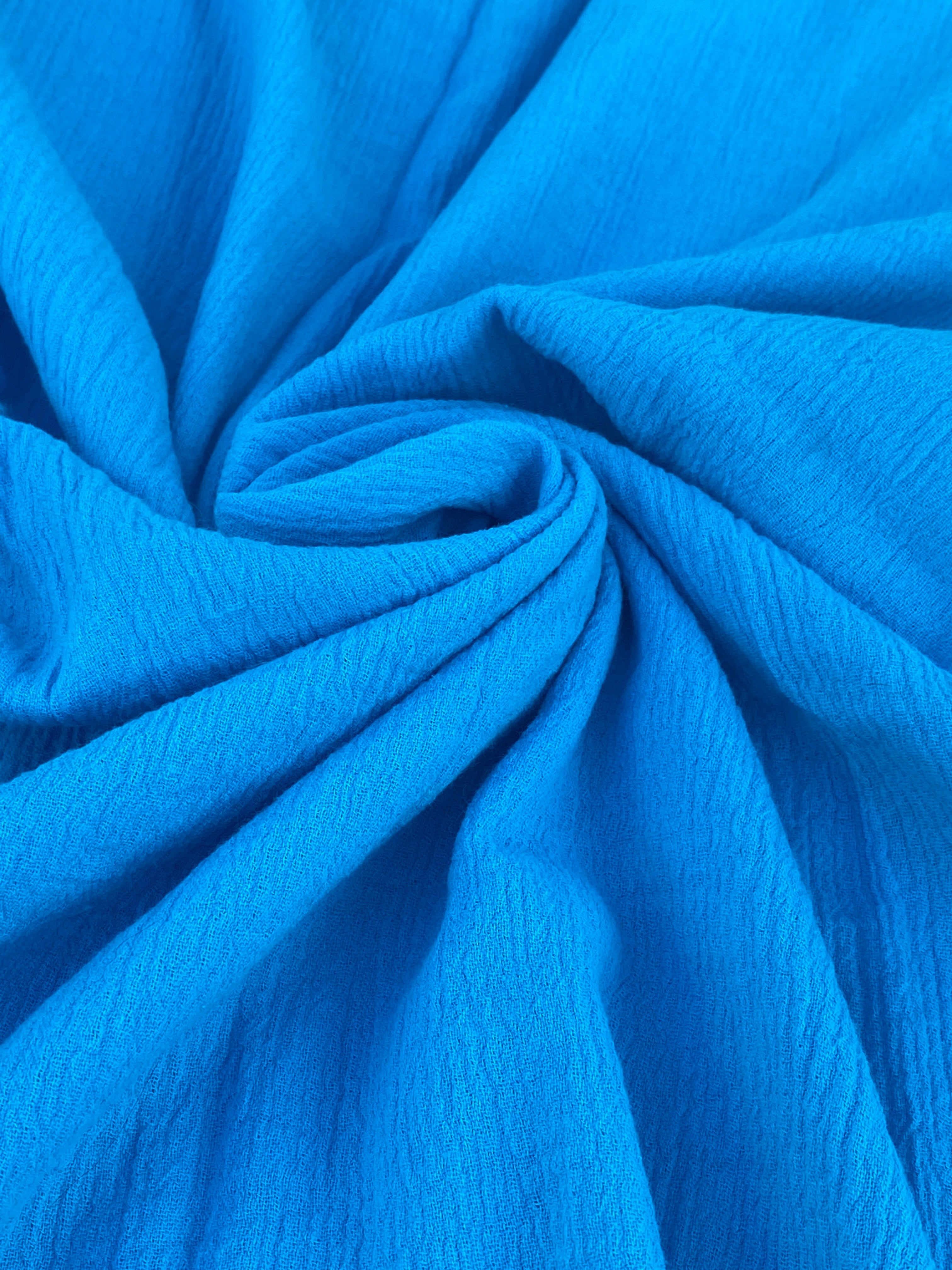 Turquoise Crinkle Cotton Gauze, cotton gauze fabric, baby blue gauze fabric, dark blue gauze, cotton for woman, double gauze cheap, coton gauze for bride, cotton gauze in low price