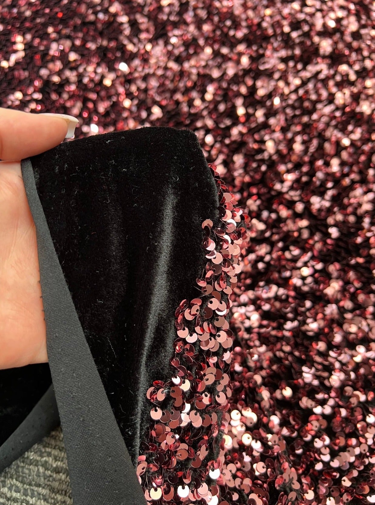 Iridescent Burgundy Sequin on Velvet, Burgundy sequin on velvet, maroon sequin on velvet, Iridescent sequin on velvet, velvet on discount, velvet on sale, buy velvet online, kikitextile velvet, premium velvet, velvet for gown, velvet for woman, velvet for bride 