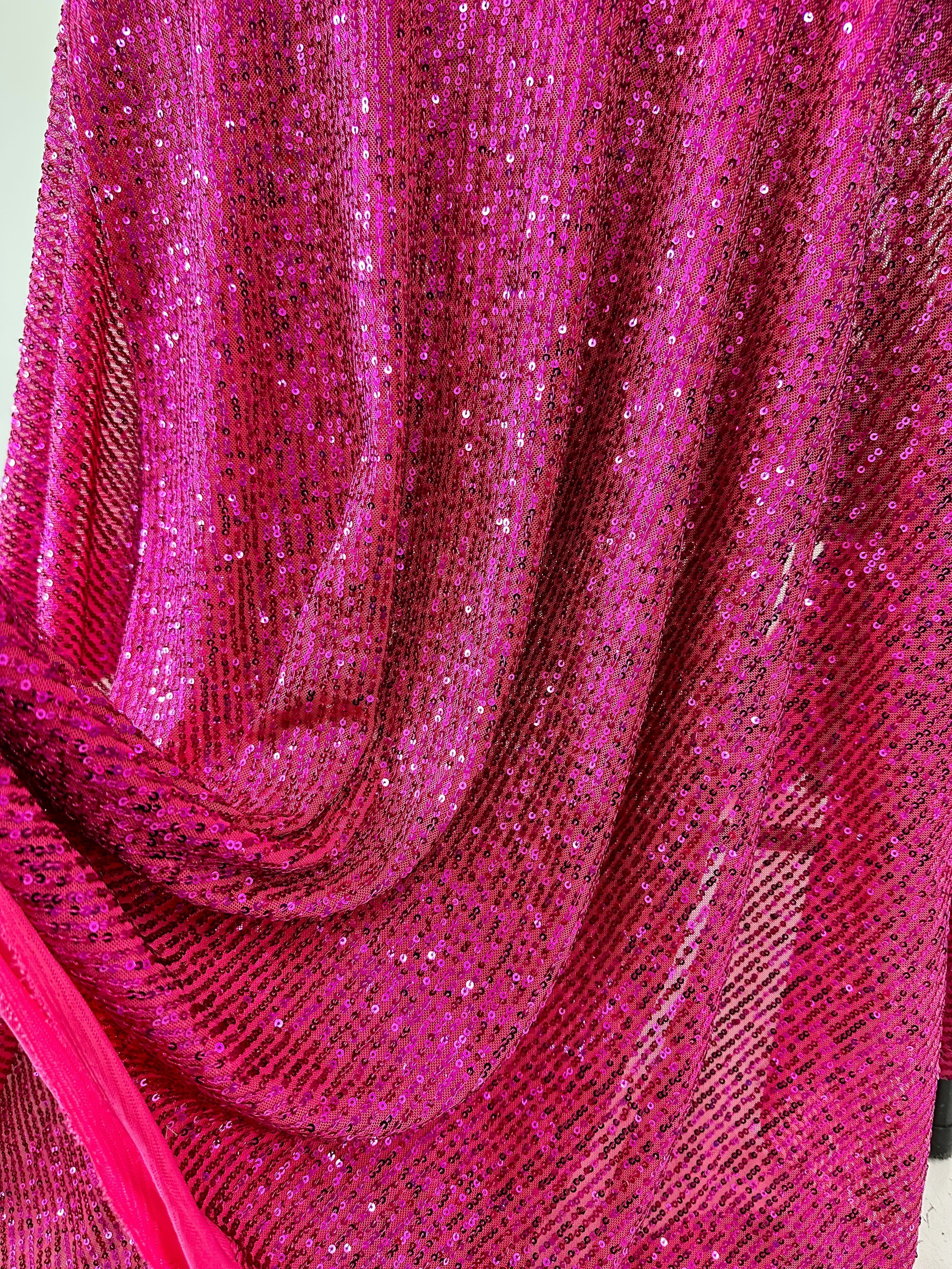 fuchsia sequin on mesh, fuchsia sequin fabric for woman, pink sequin, light pin sequin, rose pink sequin, discounted sequin, sequin for gown, cheap sequin, sequin on sale, buy sequin online, best quality sequin, kiki textile sequin