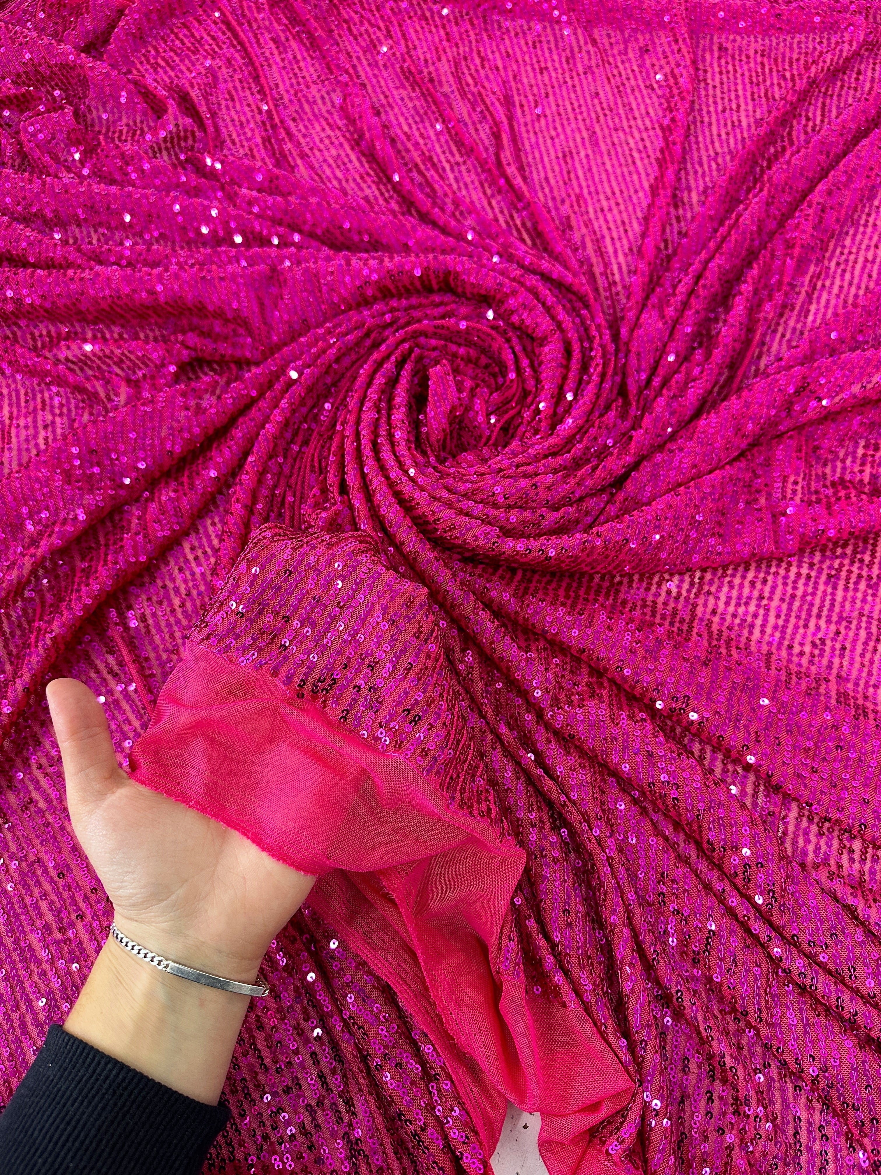 fuchsia sequin on mesh, fuchsia sequin fabric for woman, pink sequin, light pin sequin, rose pink sequin, discounted sequin, sequin for gown, cheap sequin, sequin on sale, buy sequin online, best quality sequin, kiki textile sequin