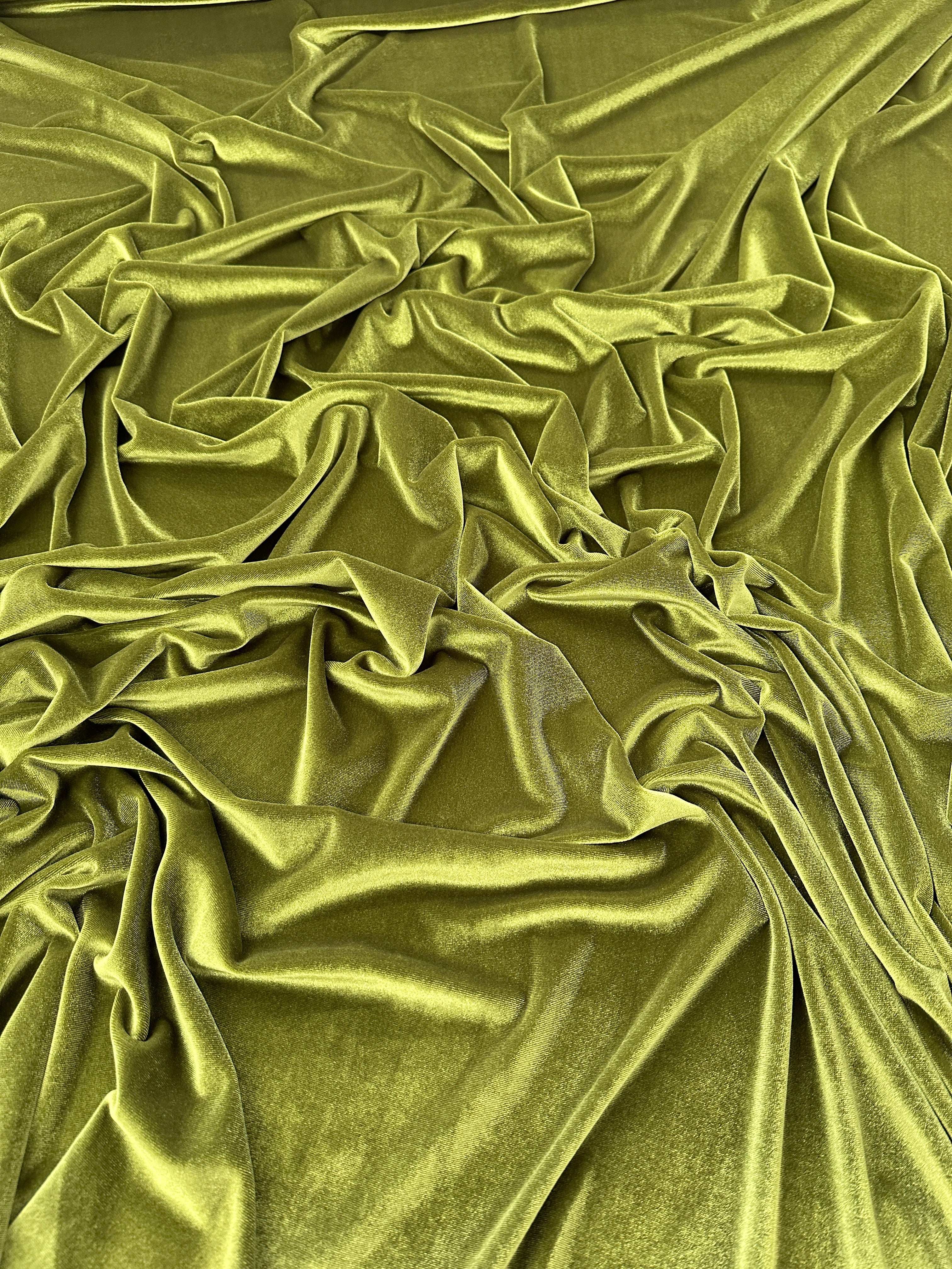 Olive stretch velvet, olive stretch velvet for gown, olive velvet for wedding, olive stretch pure velvet, mint stretch velvet for brides, green stretch fancy velvet, green color velvet for dress, olive green color stretch expensive velvet