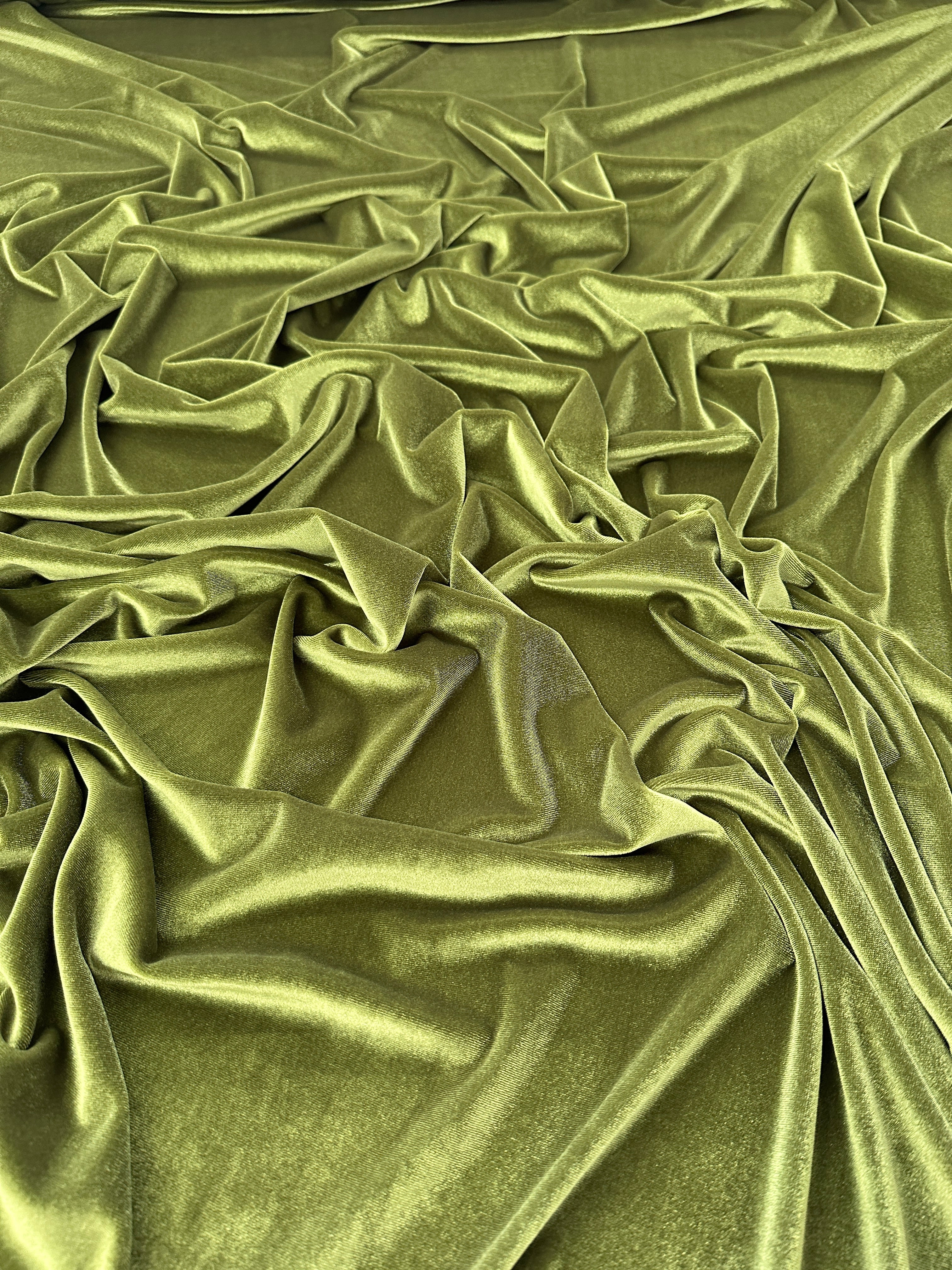 Olive stretch velvet, olive stretch velvet for gown, olive velvet for wedding, olive stretch pure velvet, mint stretch velvet for brides, green stretch fancy velvet, green color velvet for dress, olive green color stretch expensive velvet