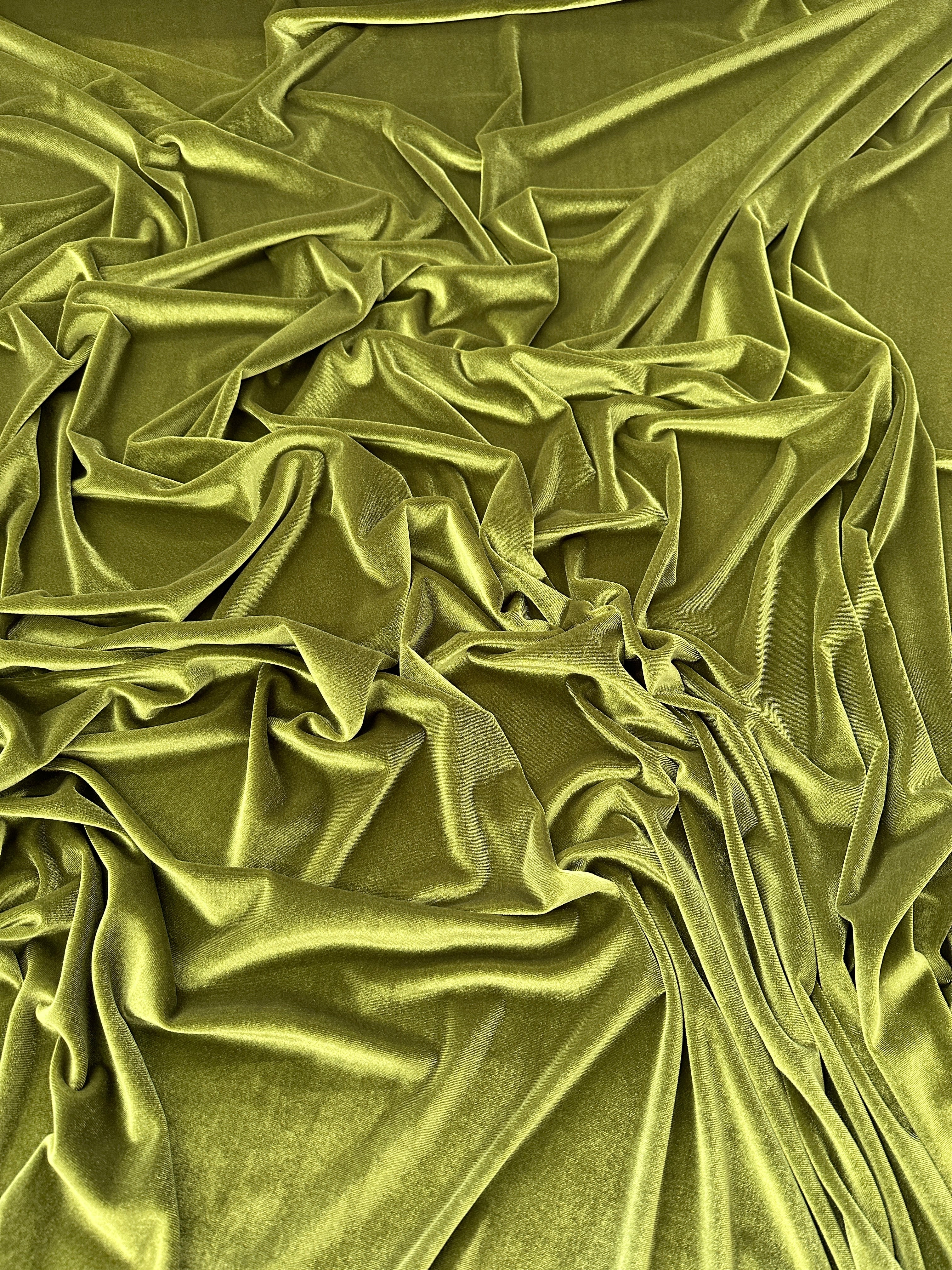 Olive stretch velvet, olive stretch velvet for gown, olive velvet for wedding, olive stretch pure velvet, mint stretch velvet for brides, green stretch fancy velvet, green color velvet for dress, olive green color stretch expensive velvet