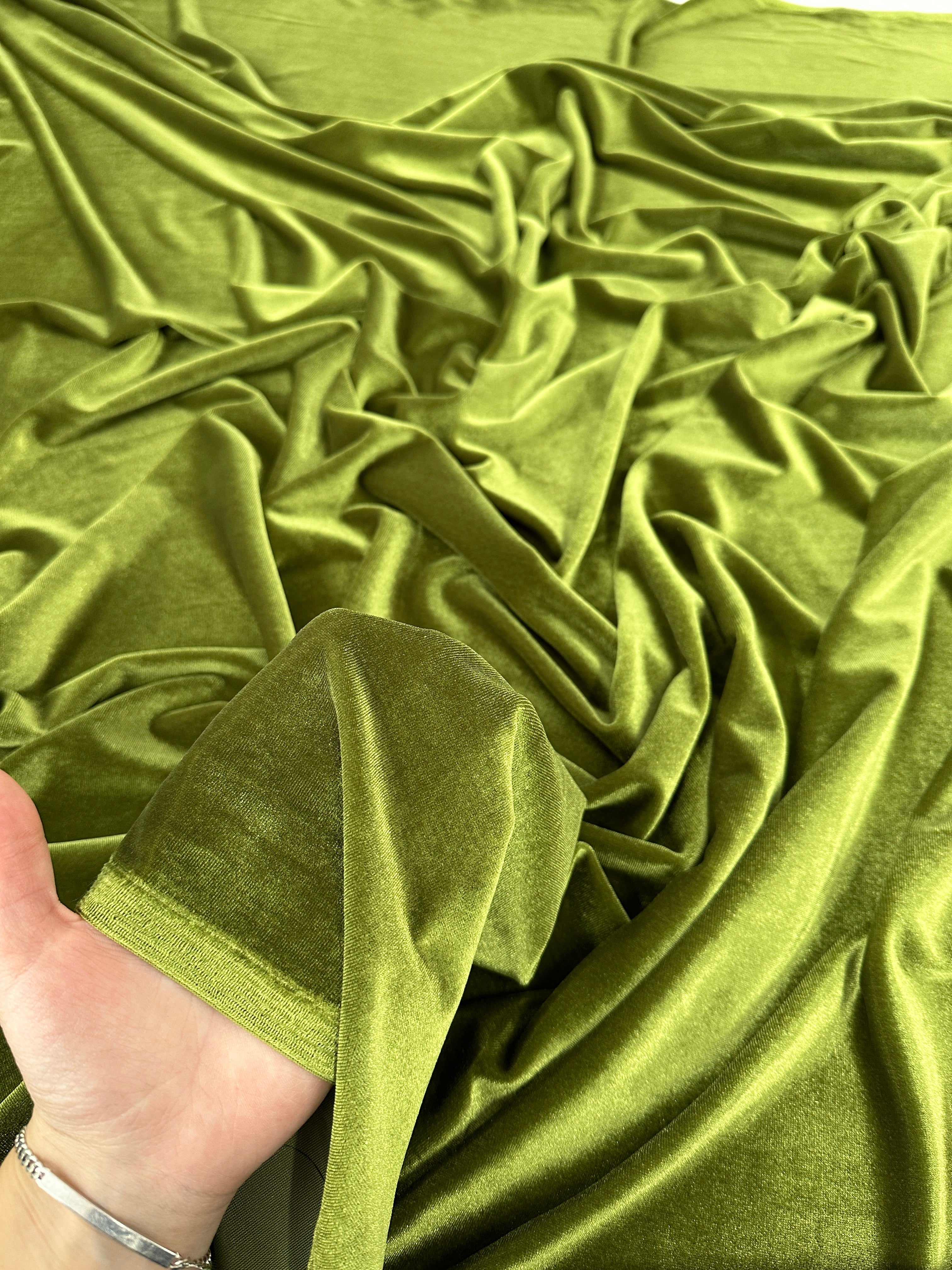 Olive stretch velvet, olive stretch velvet for gown, olive velvet for wedding, olive stretch pure velvet, mint stretch velvet for brides, green stretch fancy velvet, green color velvet for dress, olive green color stretch expensive velvet