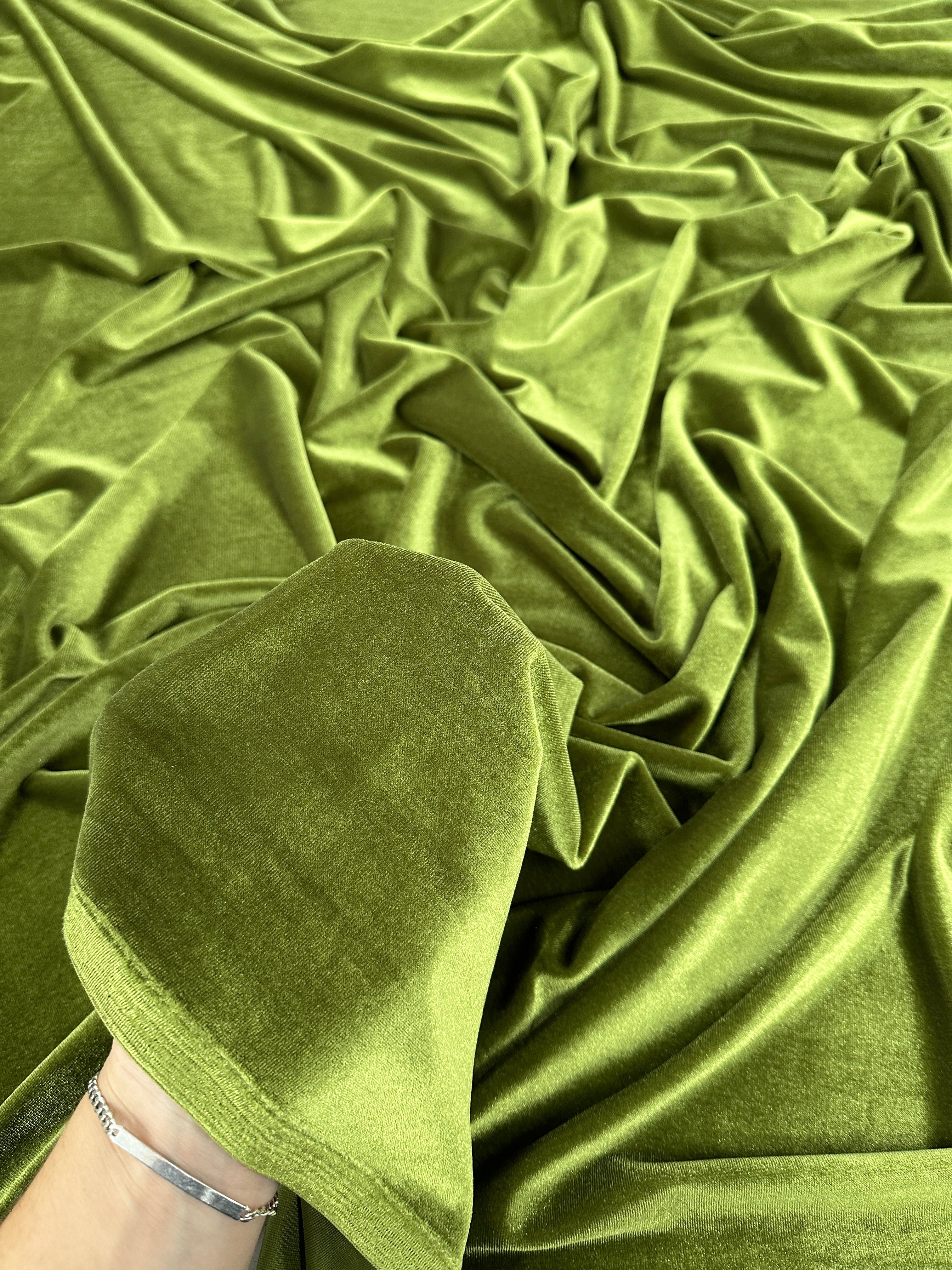 Olive stretch velvet, olive stretch velvet for gown, olive velvet for wedding, olive stretch pure velvet, mint stretch velvet for brides, green stretch fancy velvet, green color velvet for dress, olive green color stretch expensive velvet