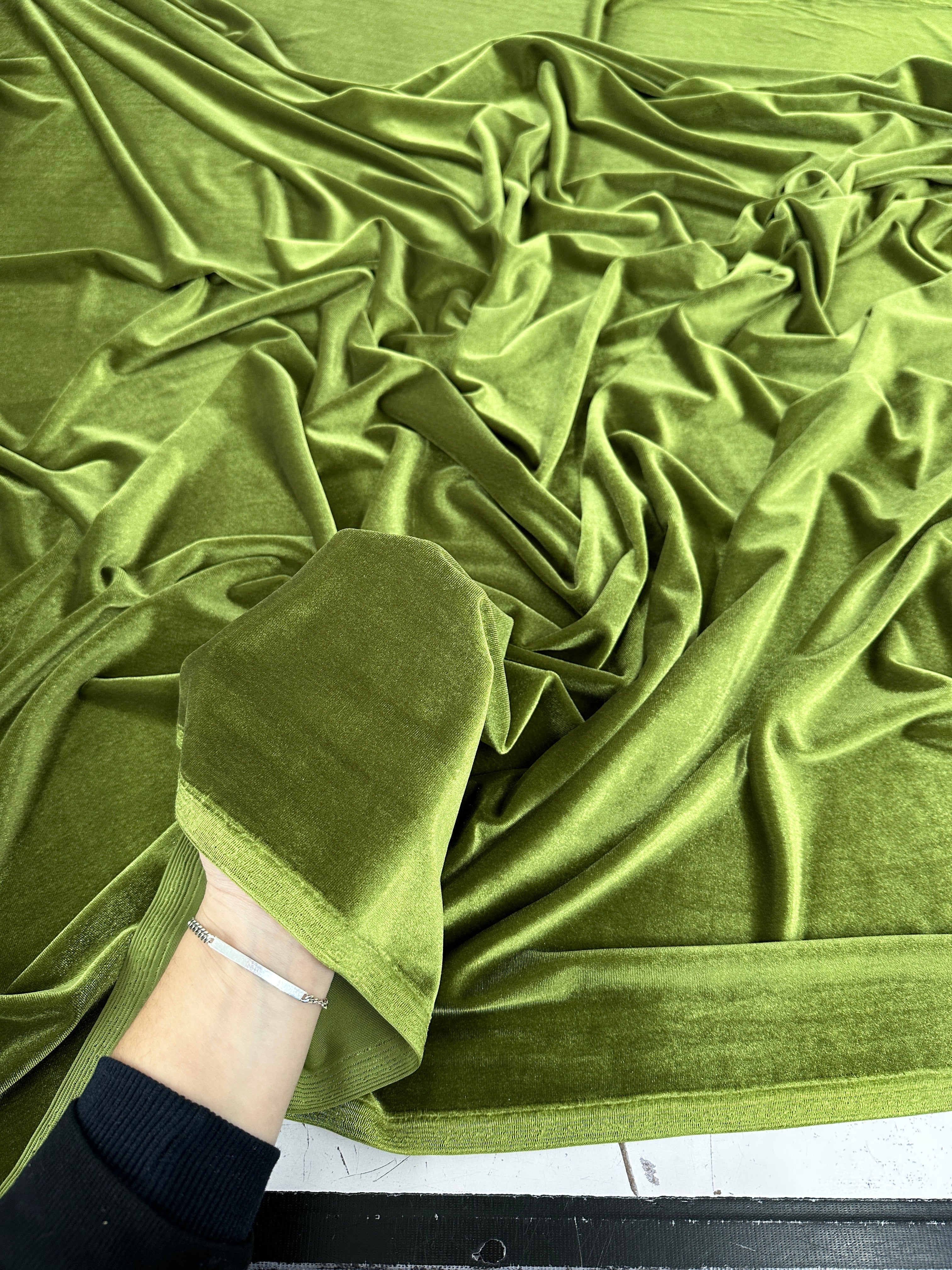 Olive stretch velvet, olive stretch velvet for gown, olive velvet for wedding, olive stretch pure velvet, mint stretch velvet for brides, green stretch fancy velvet, green color velvet for dress, olive green color stretch expensive velvet