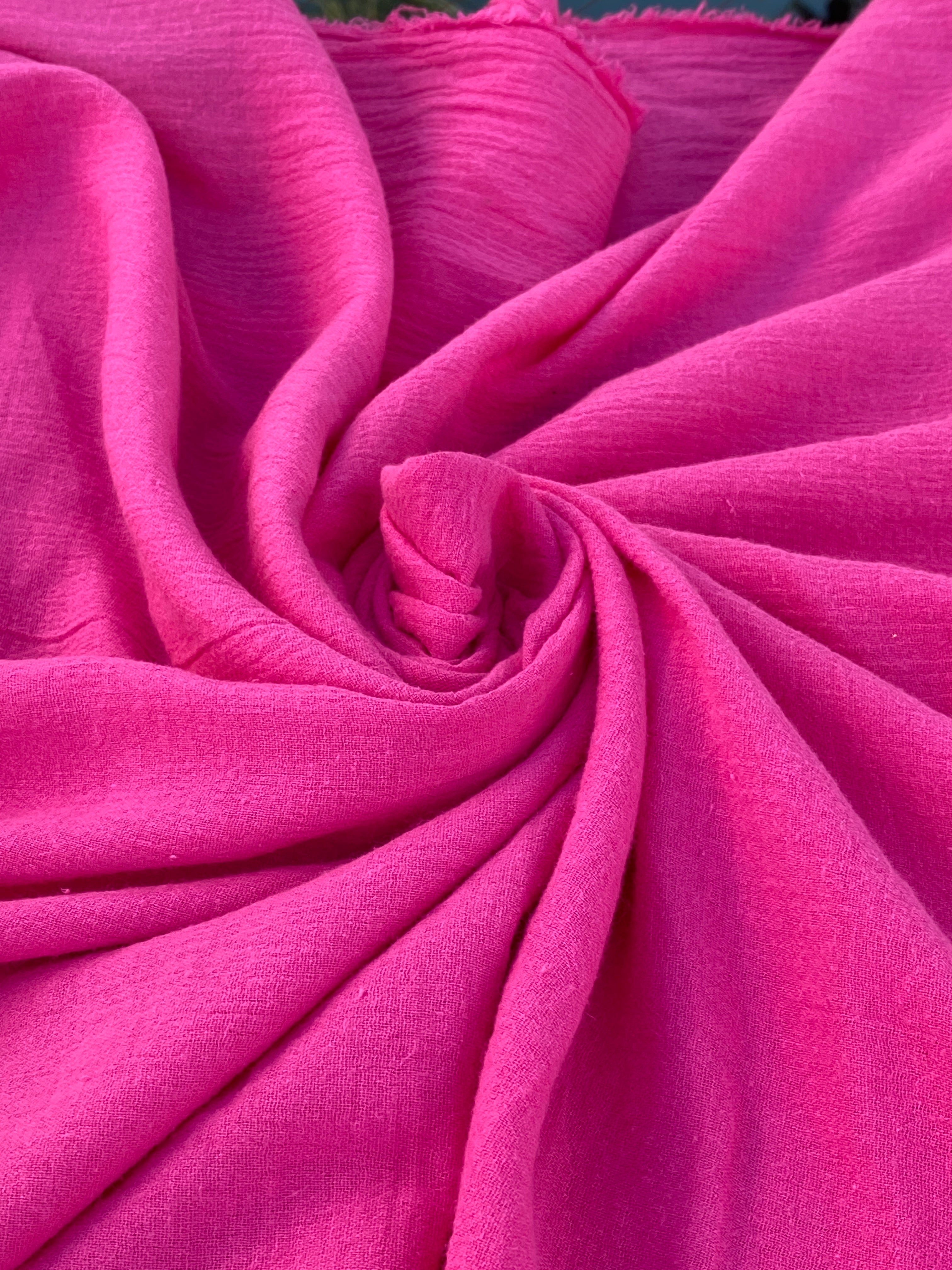  Fuchsia cotton gauze, hot pink cotton gauze, hot pink crinkle gauze, textured gauze, sheer gauze pink, pink gauze fabric