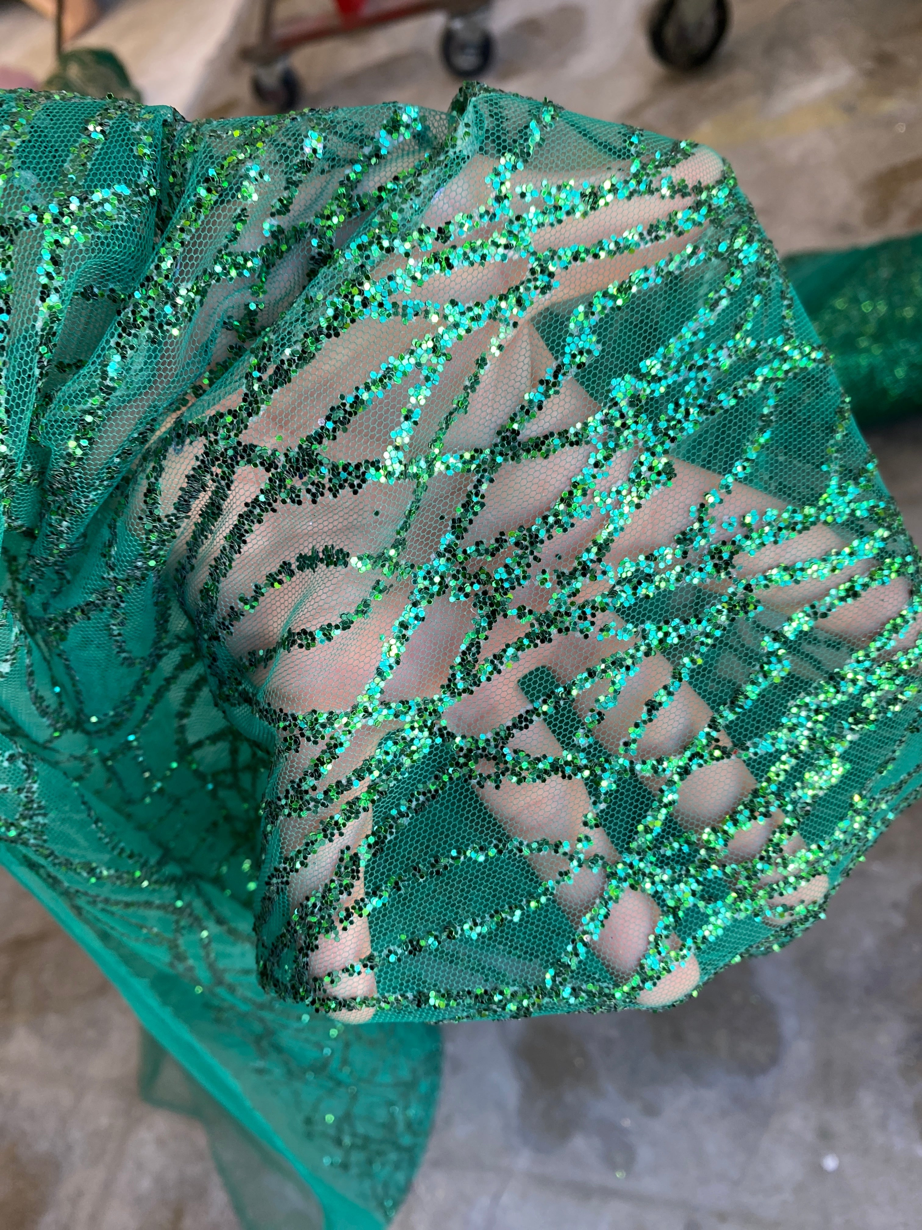 Emerald Green Glitter on Mesh, green Lace, dark green lace, lace for woman, lace for bride,  lace on discount, lace on sale, premium lace, kiki textile lace, lace for party wear dresses, lace on mesh