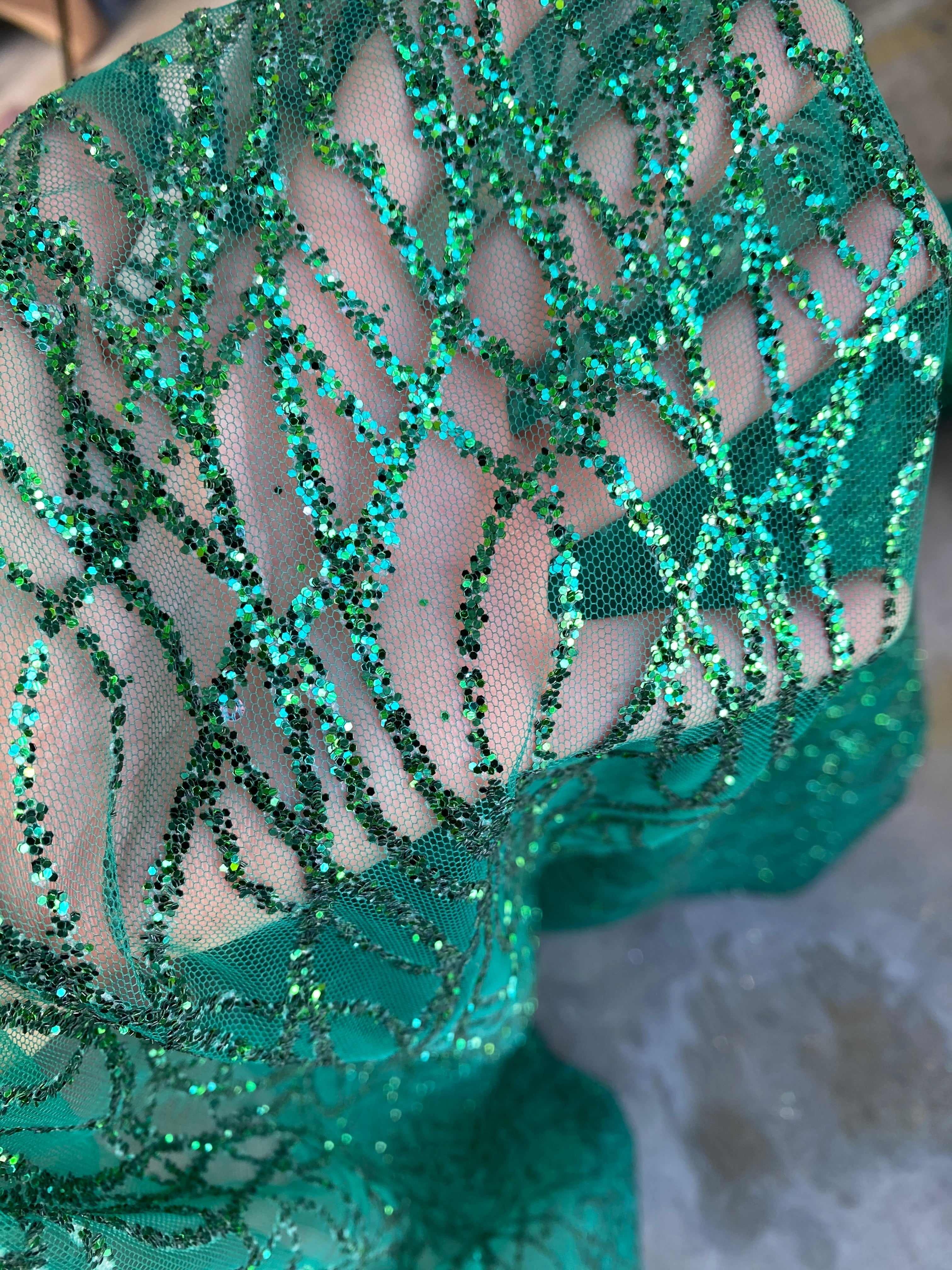 Emerald Green Glitter on Mesh, green Lace, dark green lace, lace for woman, lace for bride,  lace on discount, lace on sale, premium lace, kiki textile lace, lace for party wear dresses, lace on mesh