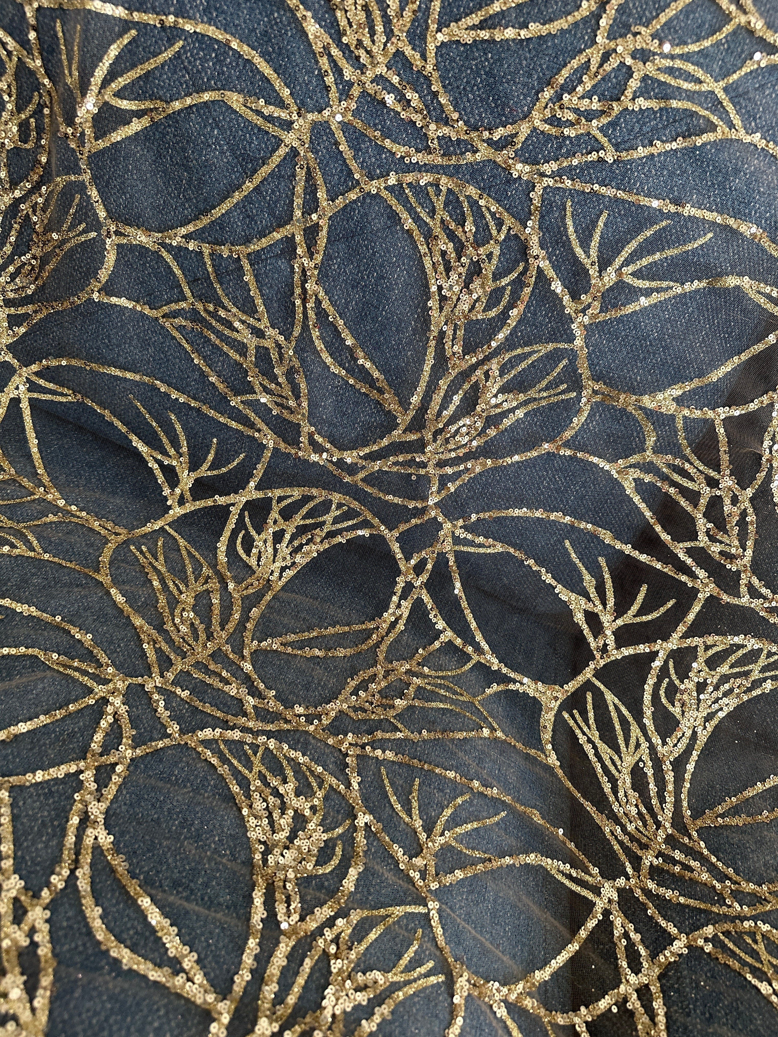 Gold Glitter Branch Design Lace Fabric, Geometric Gold Stretch Lace on Mesh, Shimmer Gold lace for gown, Bridal Lace, Gold Webbed Lace, lace for woman, lace on discount, lace on sale, premium lace fabric, buy lace fabric online