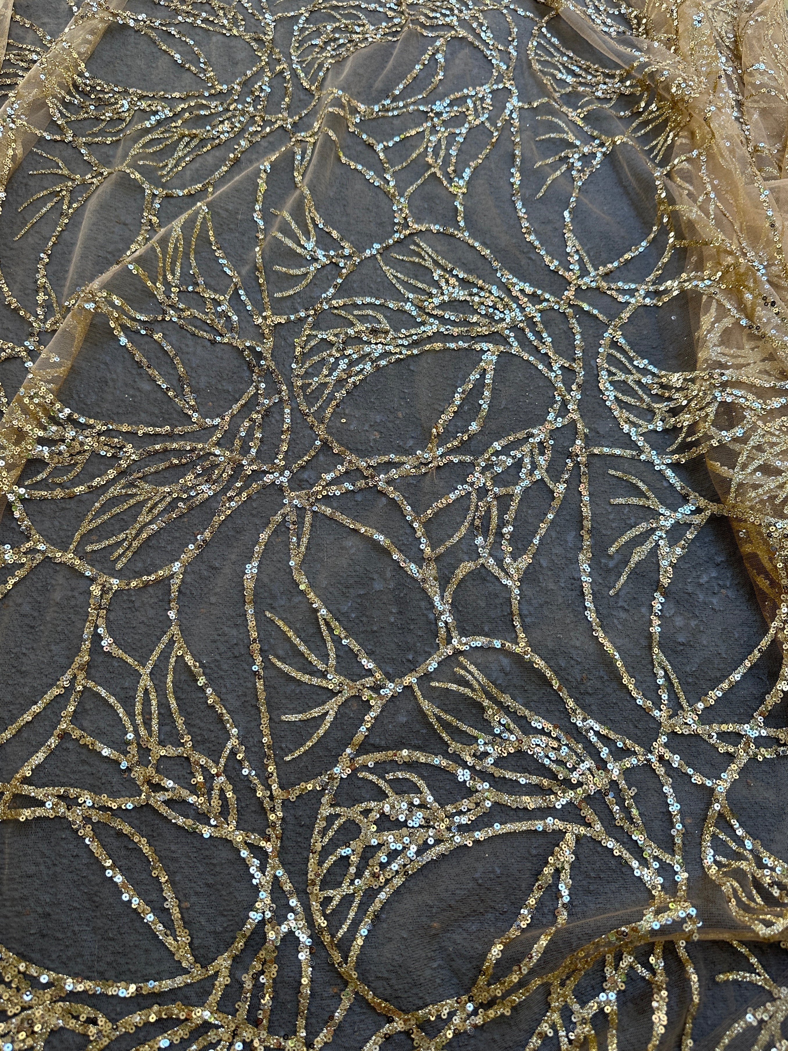 Gold Glitter Branch Design Lace Fabric, Geometric Gold Stretch Lace on Mesh, Shimmer Gold lace for gown, Bridal Lace, Gold Webbed Lace, lace for woman, lace on discount, lace on sale, premium lace fabric, buy lace fabric online