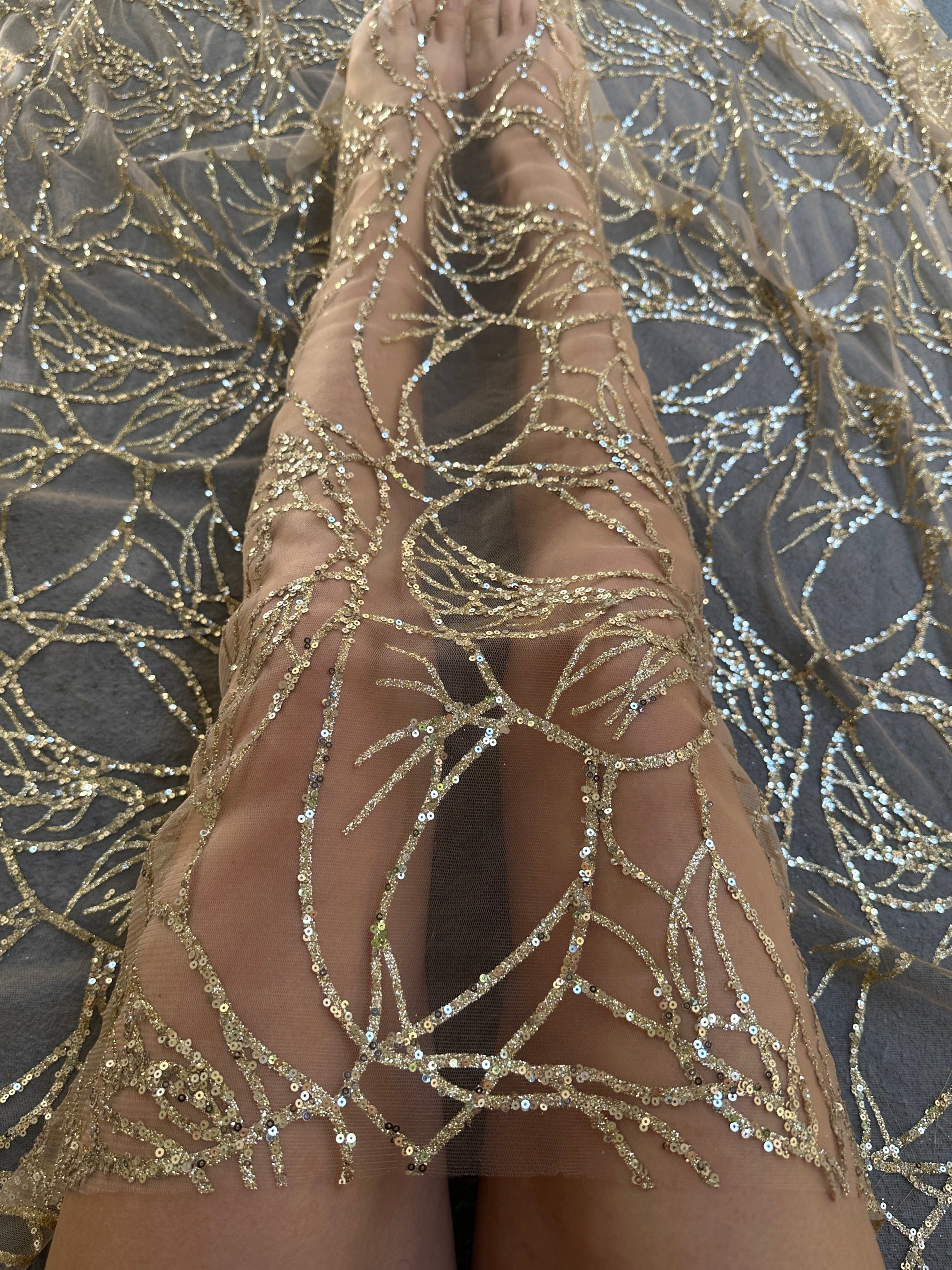 Gold Glitter Branch Design Lace Fabric, Geometric Gold Stretch Lace on Mesh, Shimmer Gold lace for gown, Bridal Lace, Gold Webbed Lace, lace for woman, lace on discount, lace on sale, premium lace fabric, buy lace fabric online