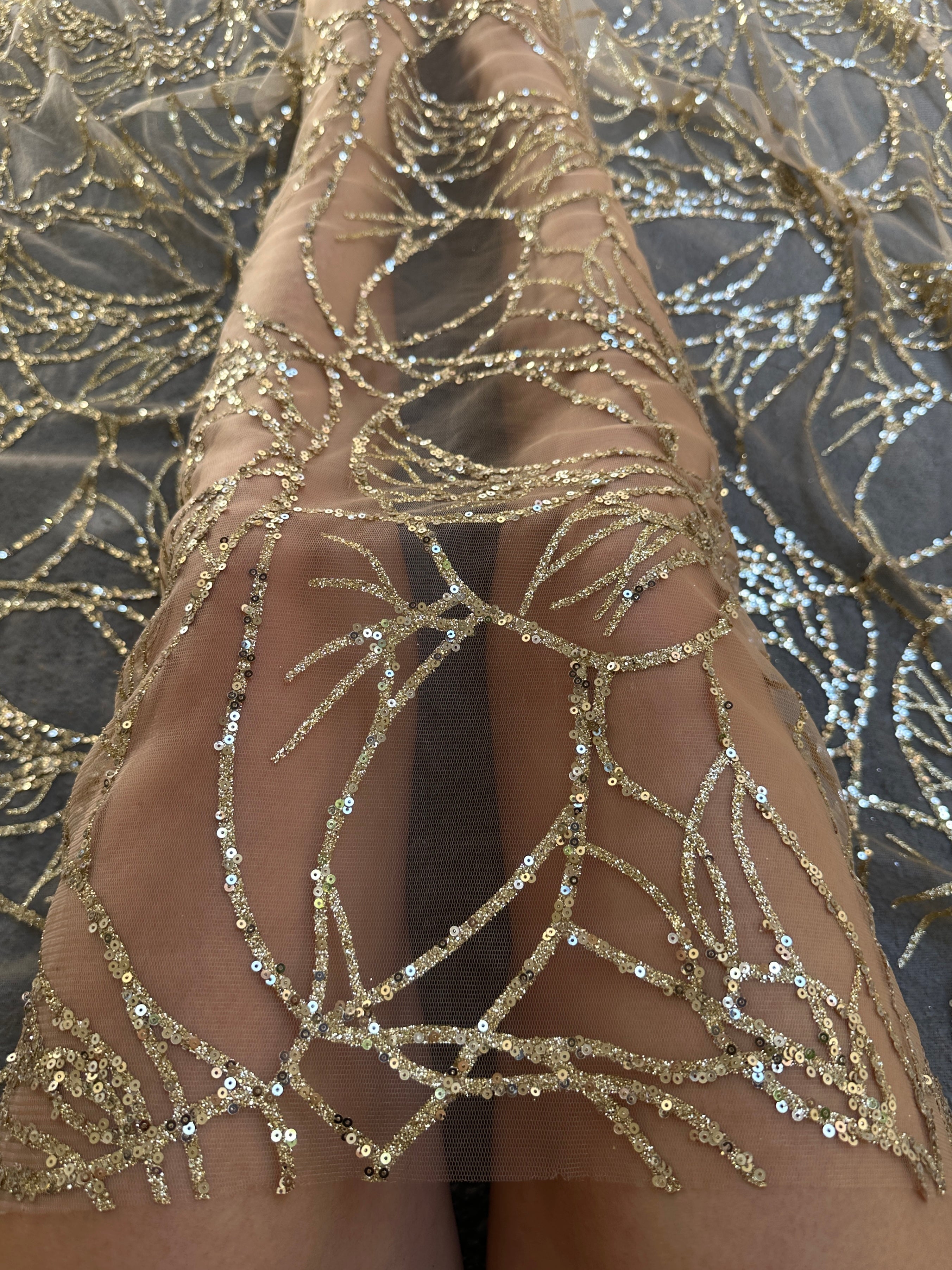 Gold Glitter Branch Design Lace Fabric, Geometric Gold Stretch Lace on Mesh, Shimmer Gold lace for gown, Bridal Lace, Gold Webbed Lace, lace for woman, lace on discount, lace on sale, premium lace fabric, buy lace fabric online