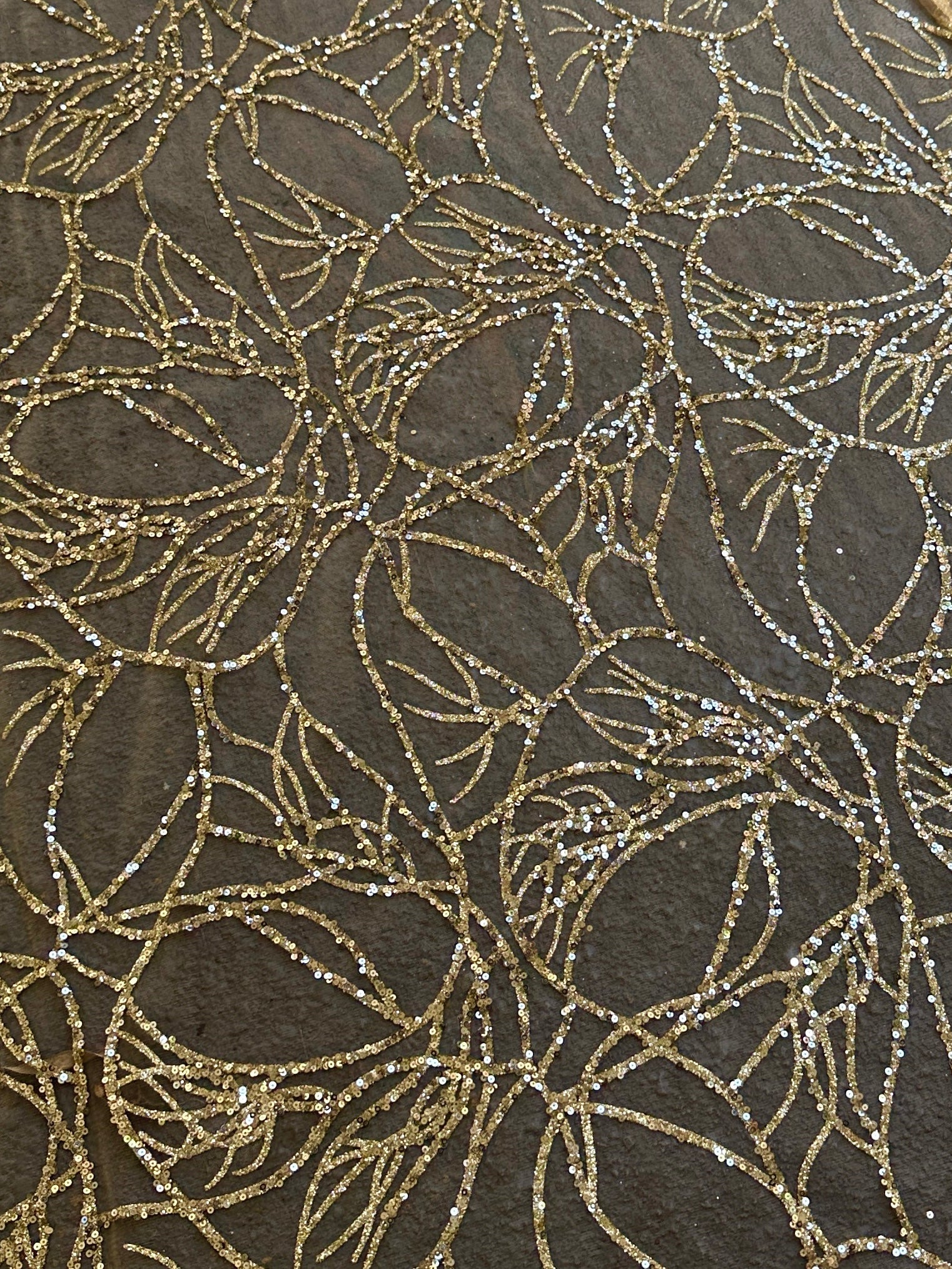 Gold Glitter Branch Design Lace Fabric, Geometric Gold Stretch Lace on Mesh, Shimmer Gold lace for gown, Bridal Lace, Gold Webbed Lace, lace for woman, lace on discount, lace on sale, premium lace fabric, buy lace fabric online